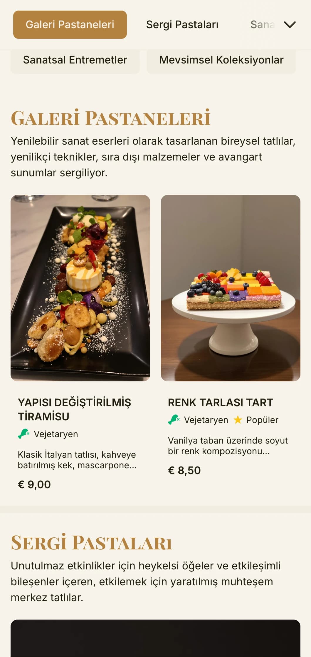 Tatlı butikleri ve sanatsal pastaneler için ideal olan, sıcak altın tonları ve sofistike tipografi ile galeriden ilham alan sanatsal bir fırın menüsü tasarımı.