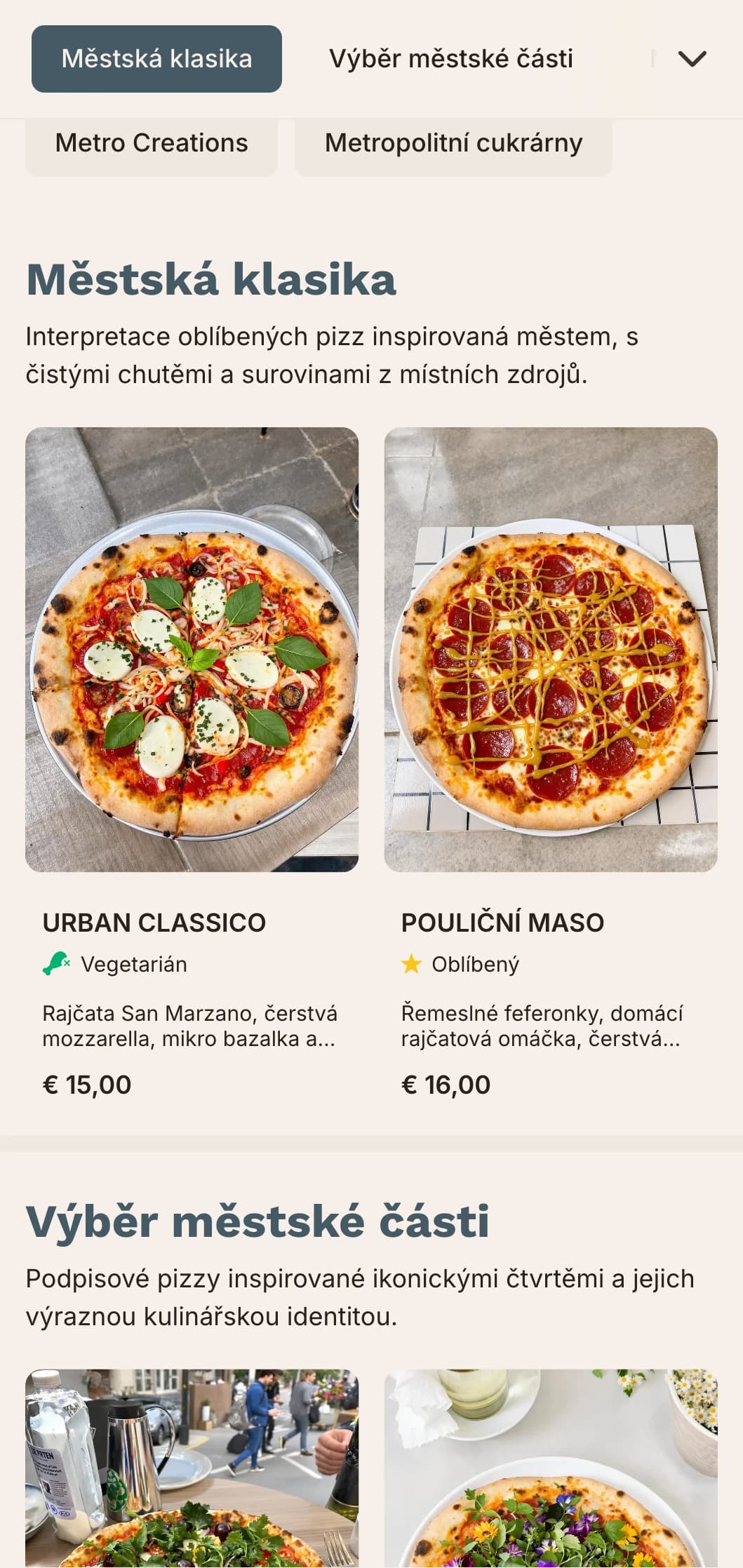 Městské pizza menu s čistými liniemi a moderním designem pro městské podniky.