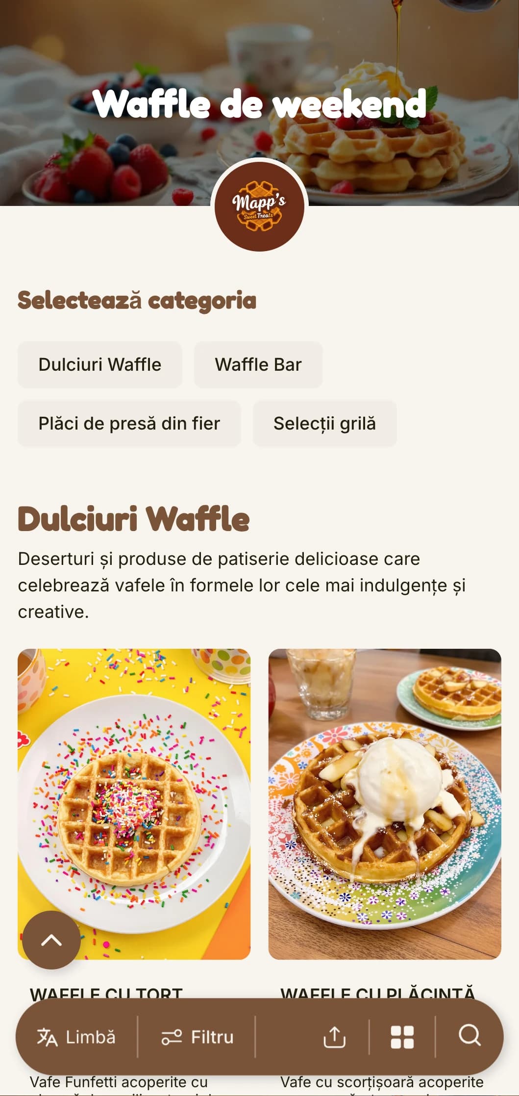Șablon de brunch cald, jucăuș, axat pe vafe și oferte de mic dejun dulci, ideal pentru cafenele pentru familii.
