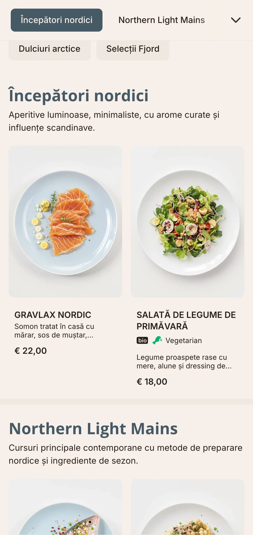 Un meniu de cină luminos, curat, cu influențe scandinave și accente albastru deschis, perfect pentru bucătăria de inspirație nordică.