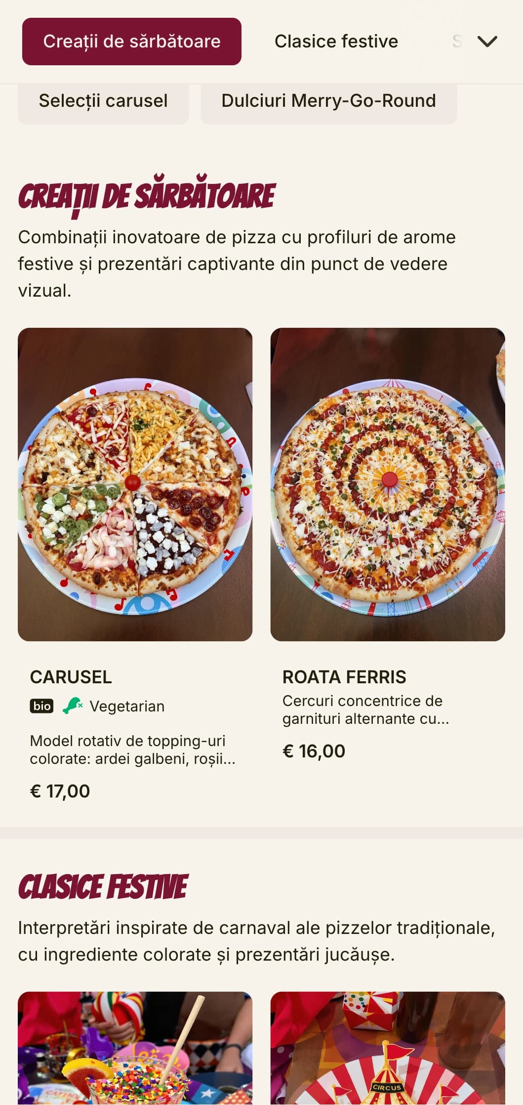 Meniu de pizza energic, festiv, cu culori luminoase și elemente jucăușe.
