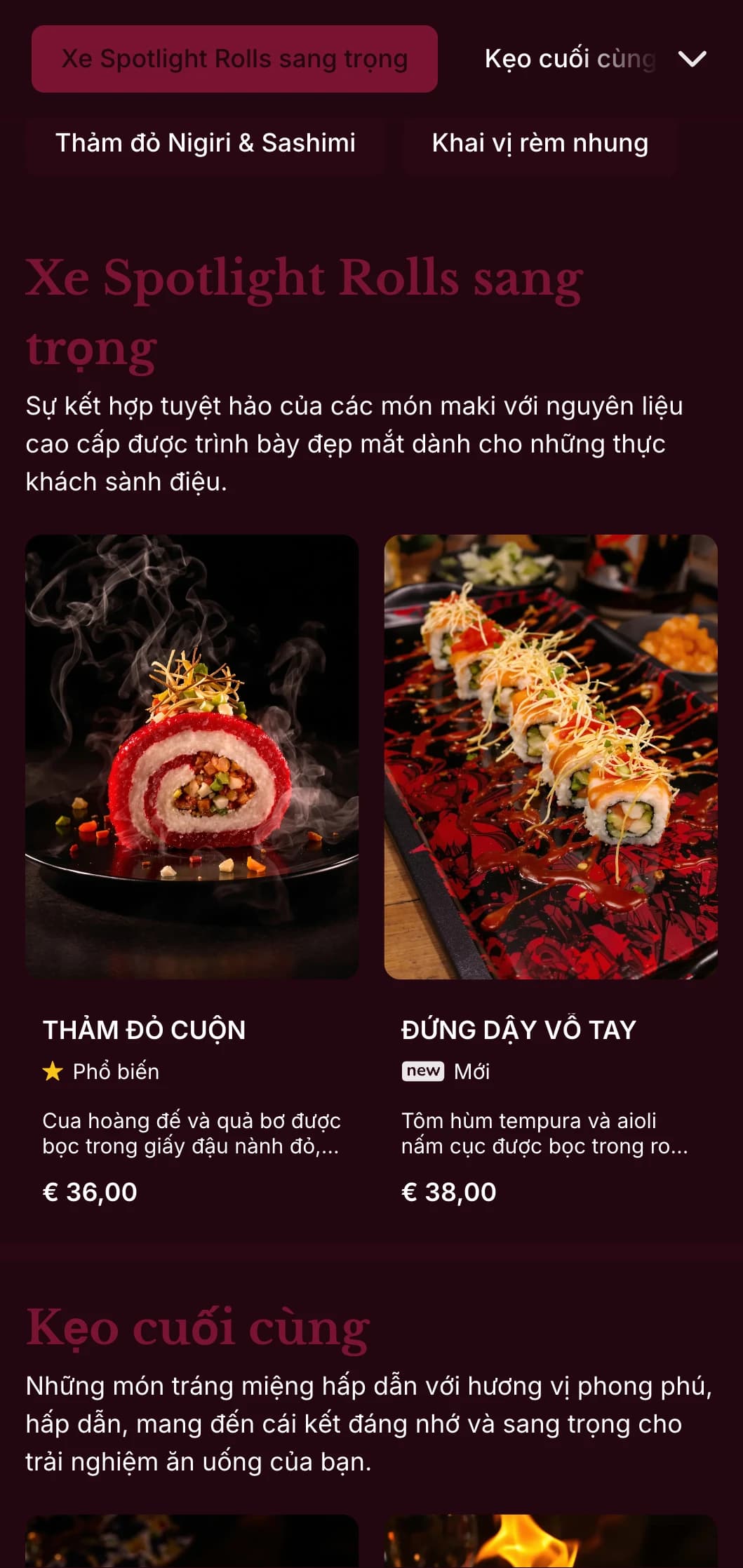 Trải nghiệm sushi sang trọng với tông màu đỏ nhung rực rỡ và các yếu tố ấn tượng dành cho những địa điểm cao cấp.