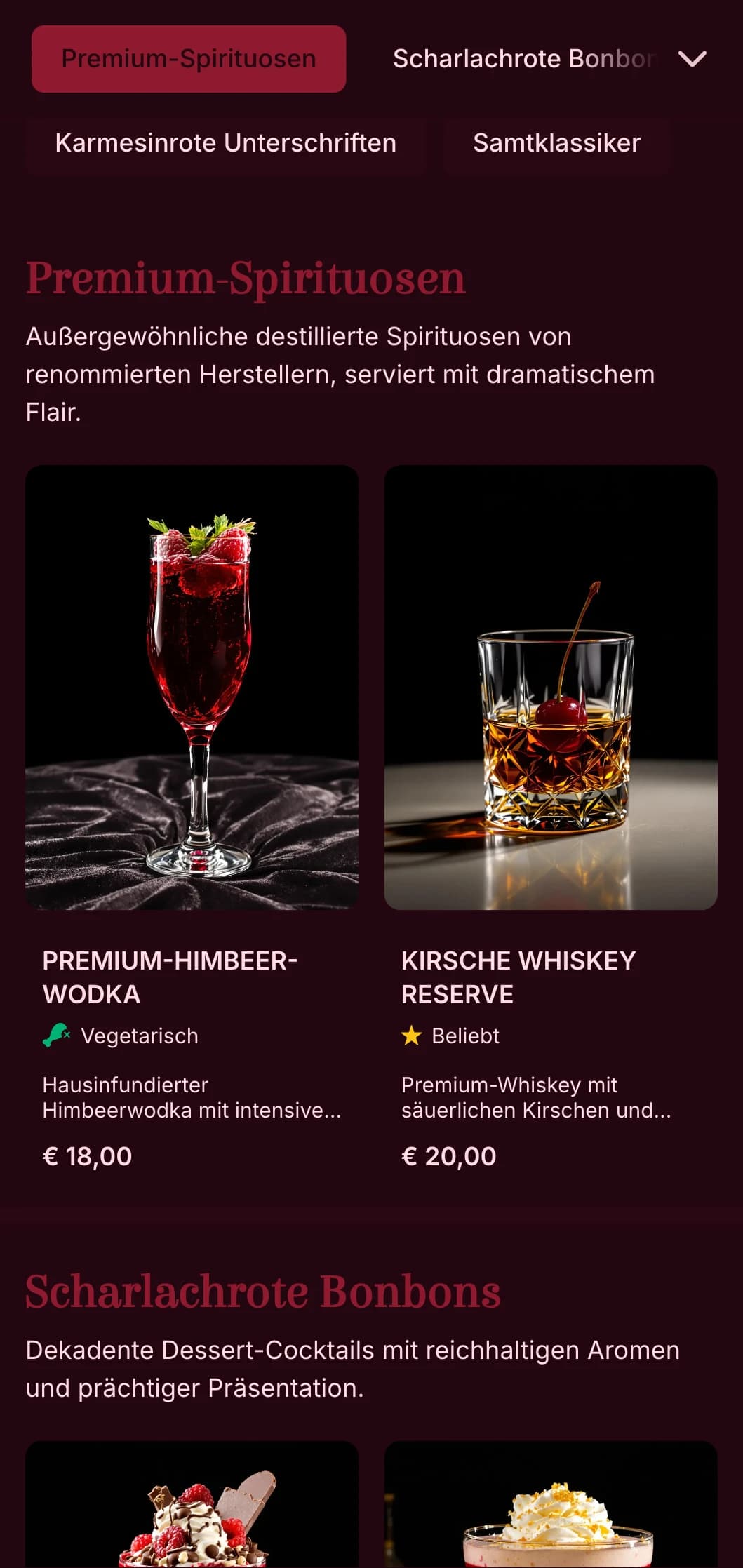 Ein luxuriöses, vom Theater inspiriertes Design für gehobene Cocktaillounges mit satten Karmintönen und dramatischer Typografie.