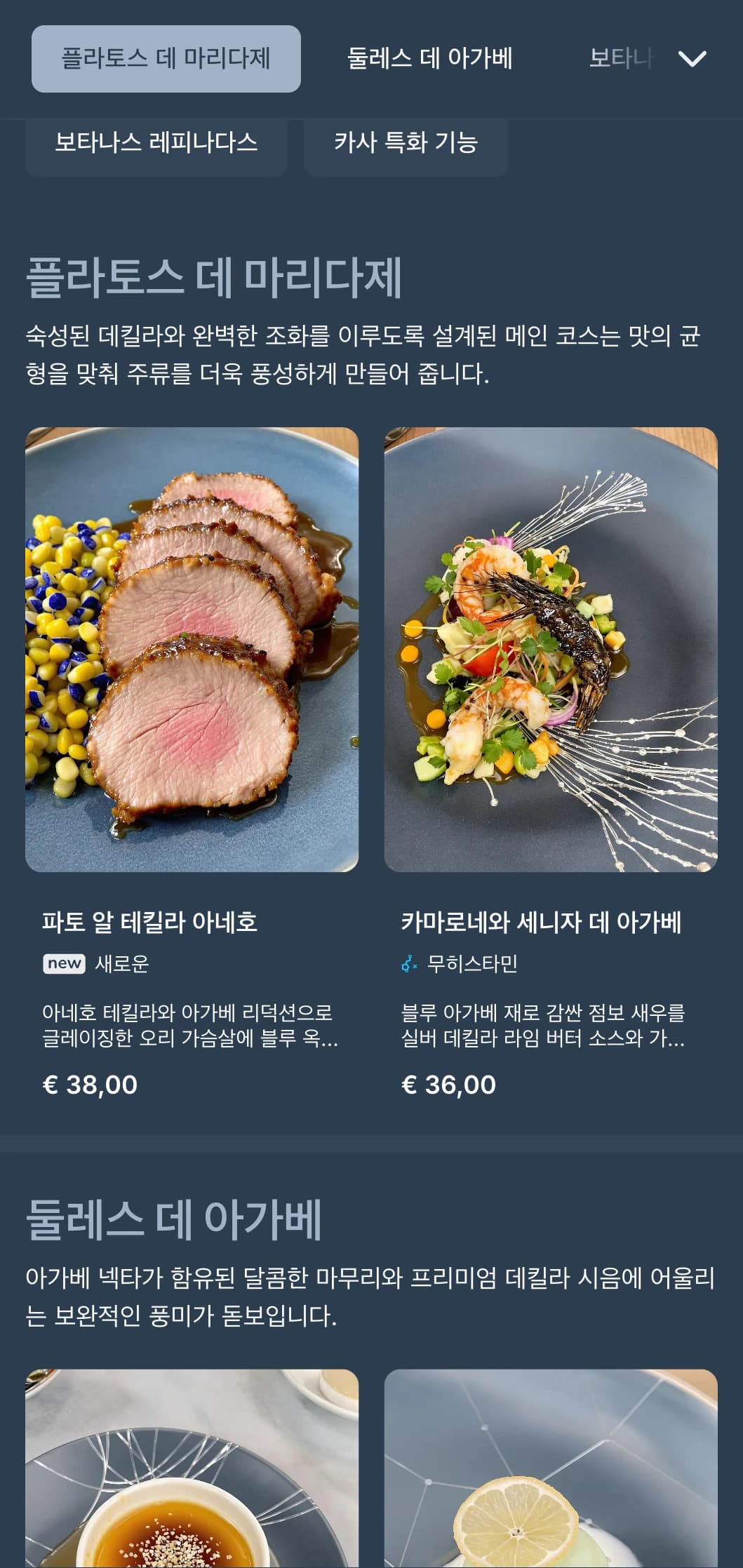 실버와 블루 그레이 톤, 프리미엄 증류주, 세련된 멕시칸 스몰 플레이트가 특징인 우아하고 세련된 데킬라 바 메뉴입니다.