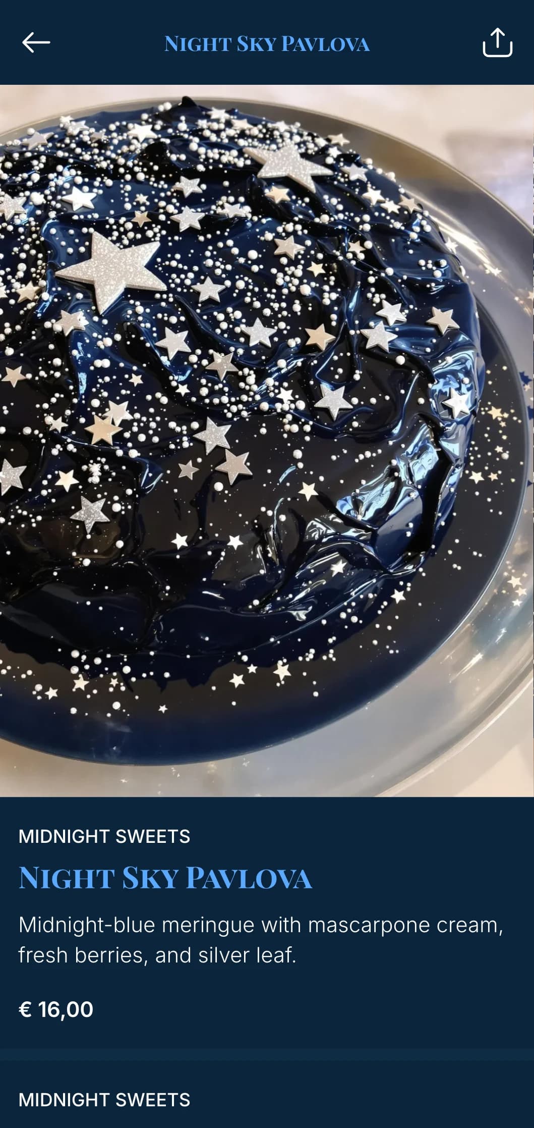 A deep blue dinner menu with midnight sky inspiration and golden stars, designed for evening fine dining.