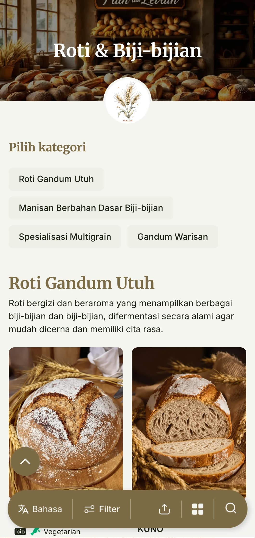 Desain menu roti yang berfokus pada biji-bijian dengan warna gandum dan tipografi tradisional, ideal untuk toko roti artisanal dan spesialis biji-bijian.