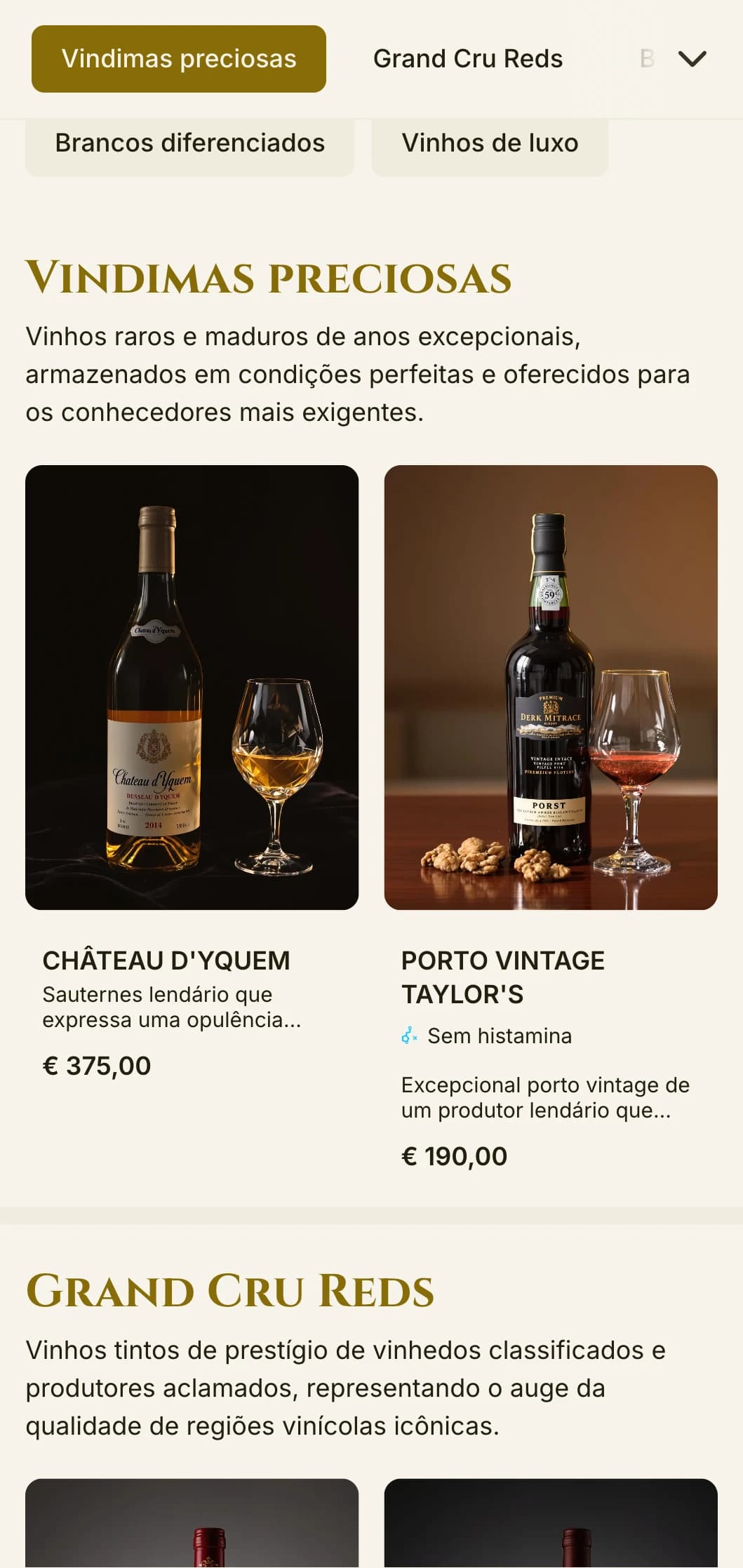 Modelo de carta de vinhos opulento e dramático com detalhes em vermelho e dourado, ideal para jantares de luxo e experiências com vinhos premium.