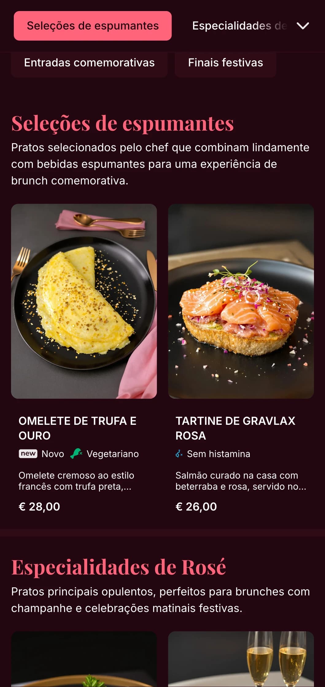 Modelo luxuoso de brunch com tema rosa e detalhes em dourado, perfeito para brunches com champanhe e experiências gastronômicas comemorativas.