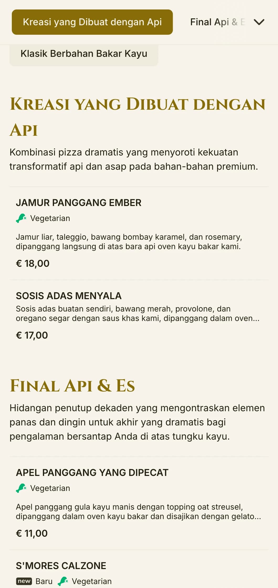 Menu pizza dramatis yang menampilkan warna-warna yang kaya dan tipografi yang berani untuk para spesialis kayu bakar.