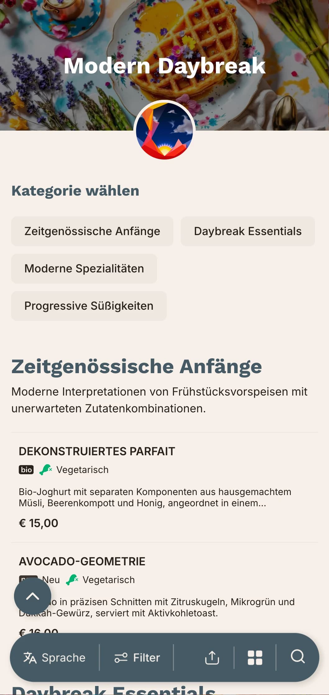 Zeitgenössische Morgenangebote mit innovativen Techniken und unerwarteten Geschmackskombinationen für den abenteuerlustigen Frühaufsteher.