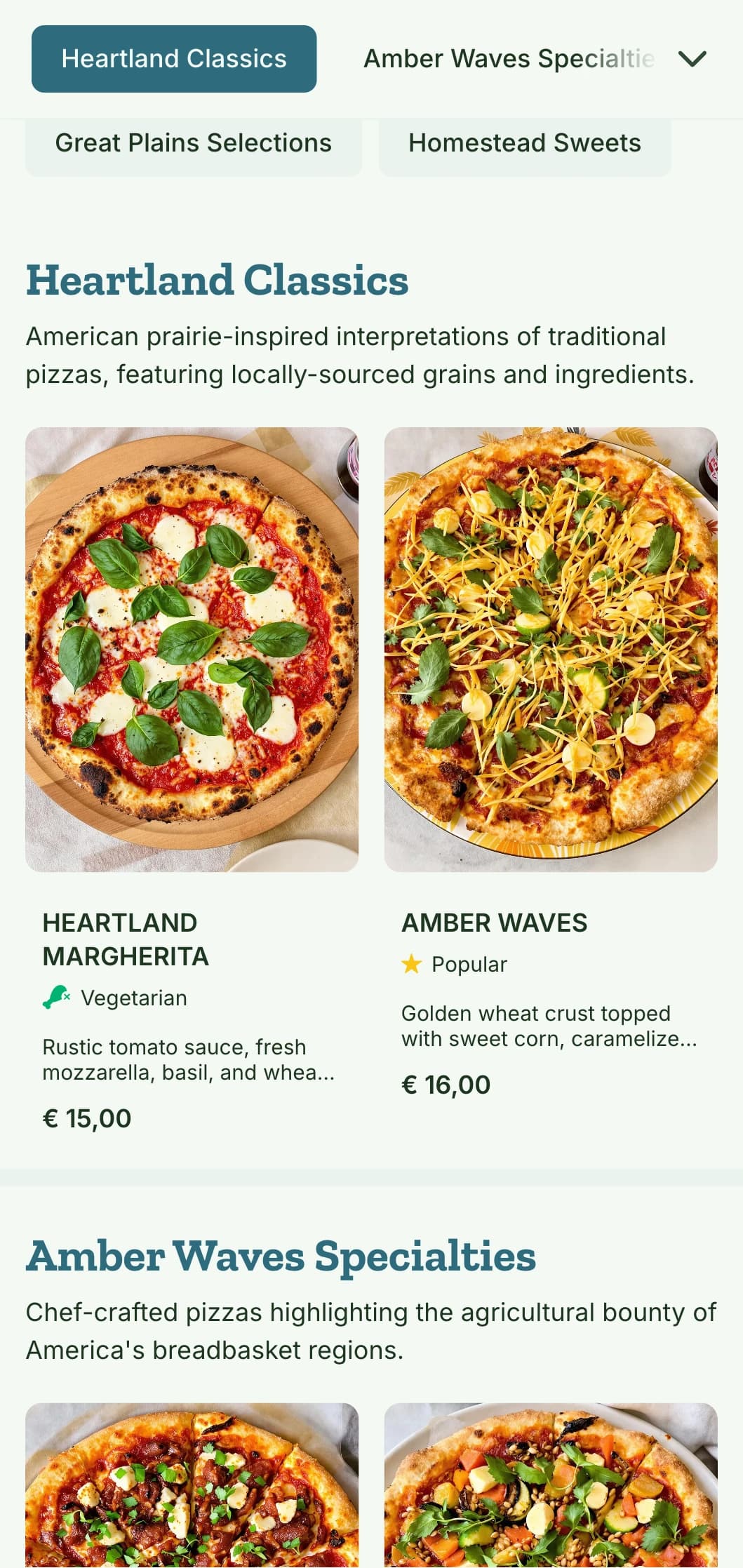 American heartland inspired pizza menu with wheat motifs and natural elements.