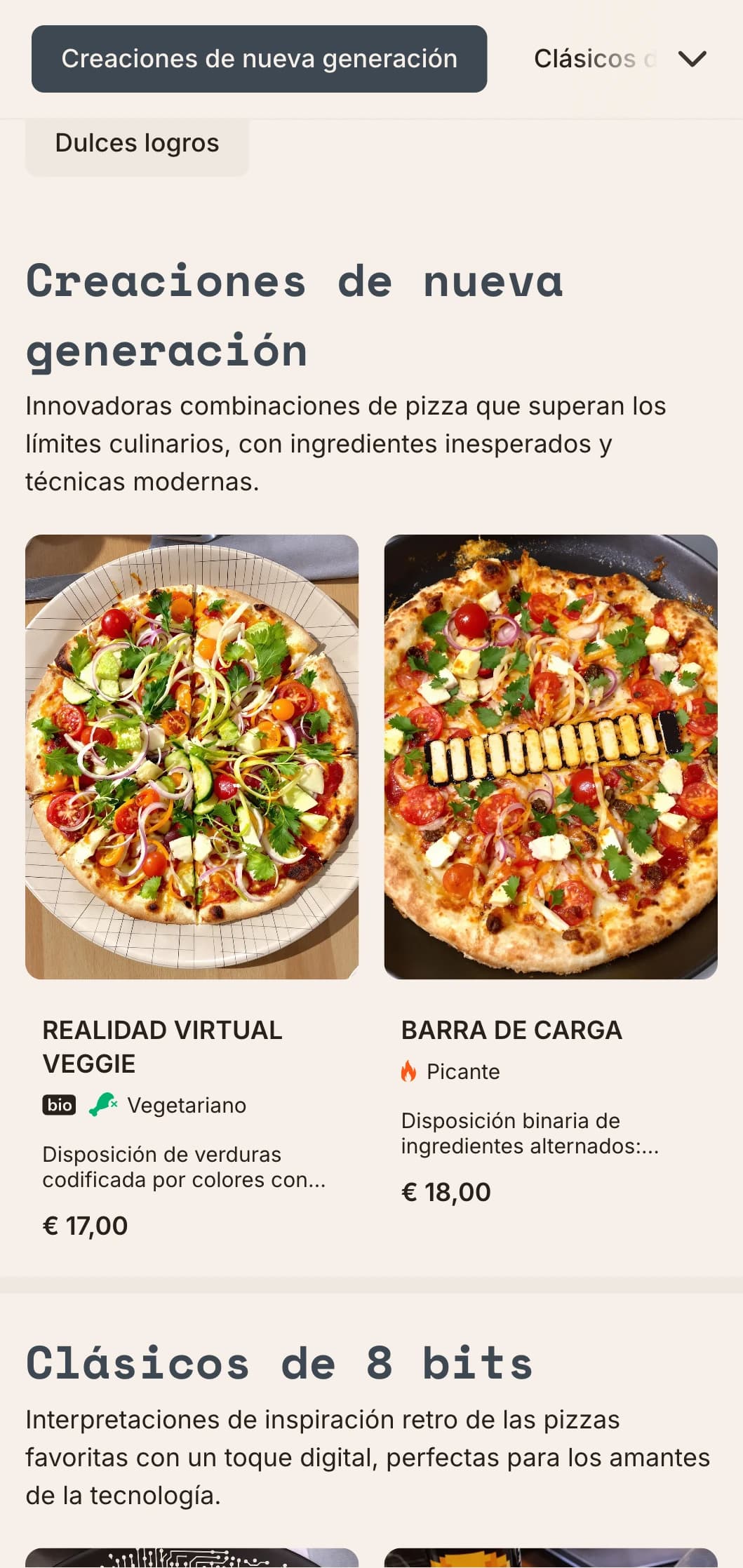 Carta de pizzas modernas de inspiración tecnológica con estética digital para conceptos de pizza innovadores.