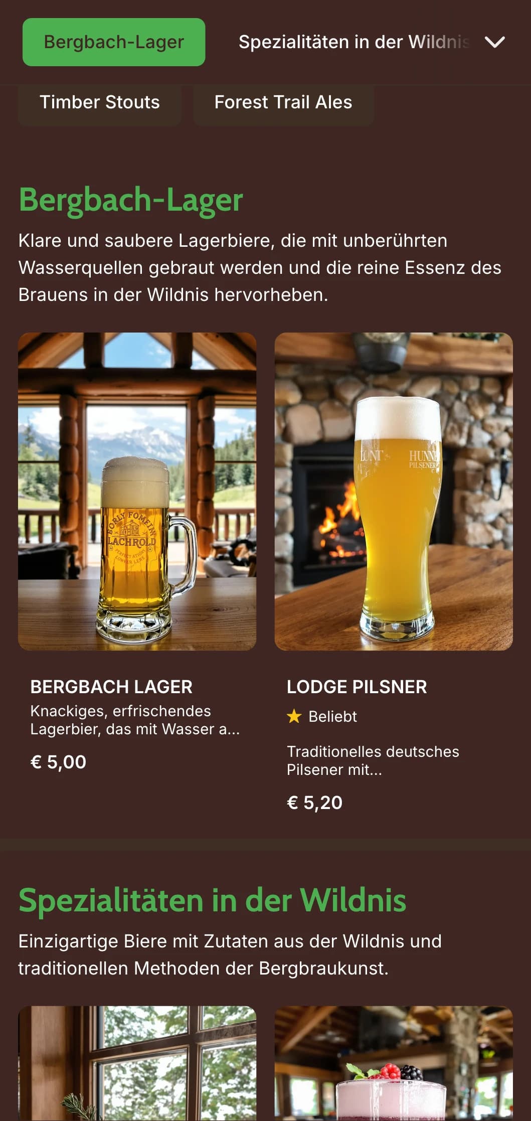 Rustikales und warmes Design, inspiriert von Berghütten, mit Holztexturen und Outdoor-Elementen für Brauereien, die in der Wildnis leben.