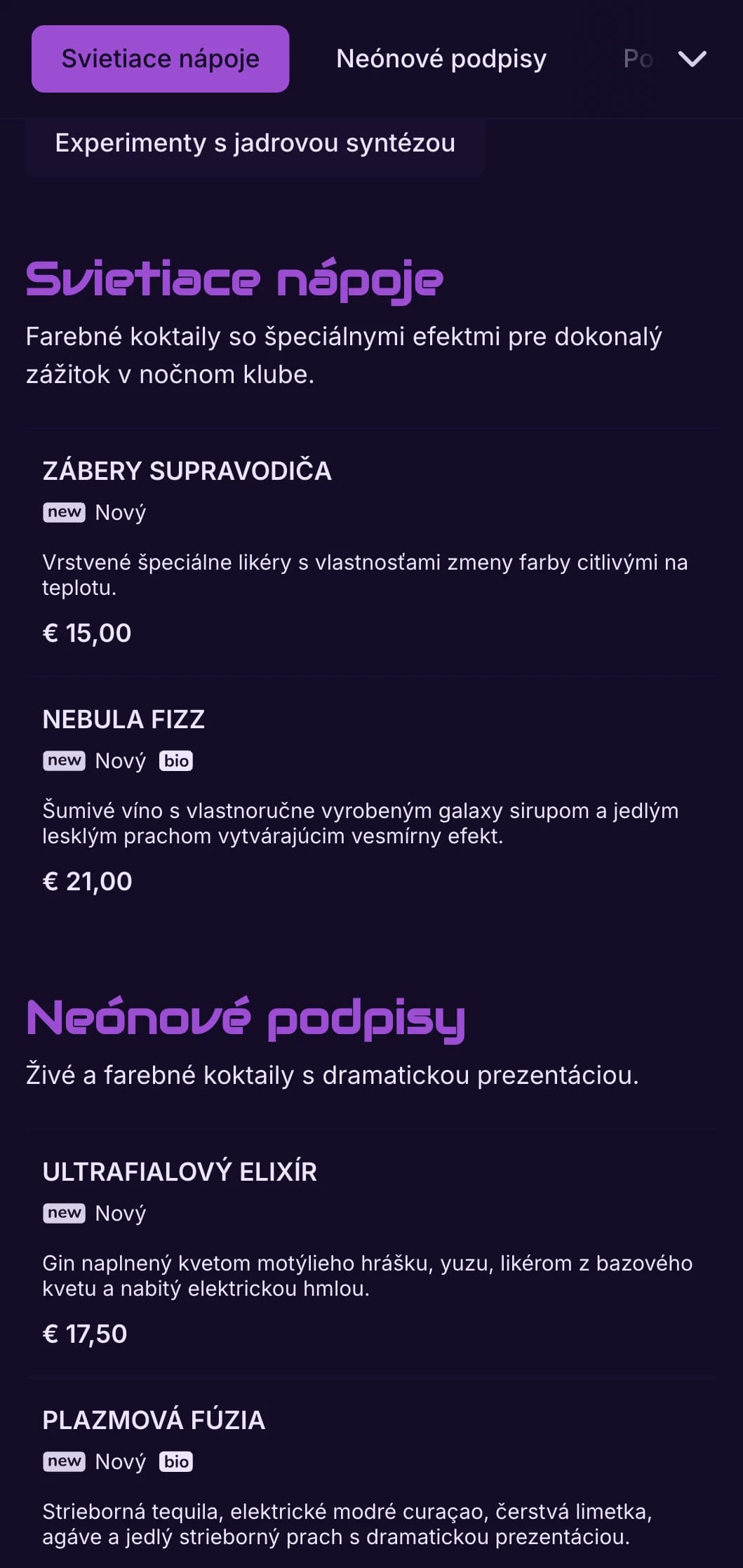 Vysoko kontrastný fialovo-čierny dizajn s neónovými prvkami pre moderné koktailové bary.