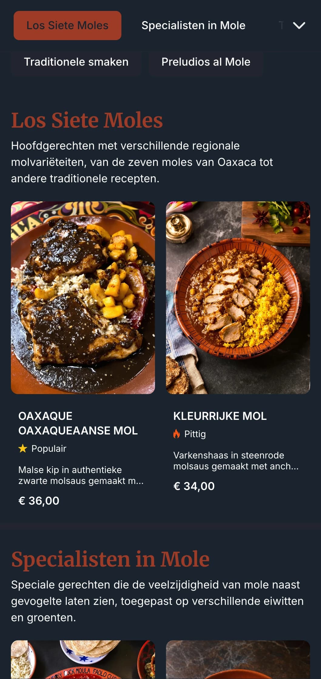 Een rijk en complex menu met Mexicaanse molsauzen met diepe terracotta tinten, traditionele bereidingen en regionale variaties.