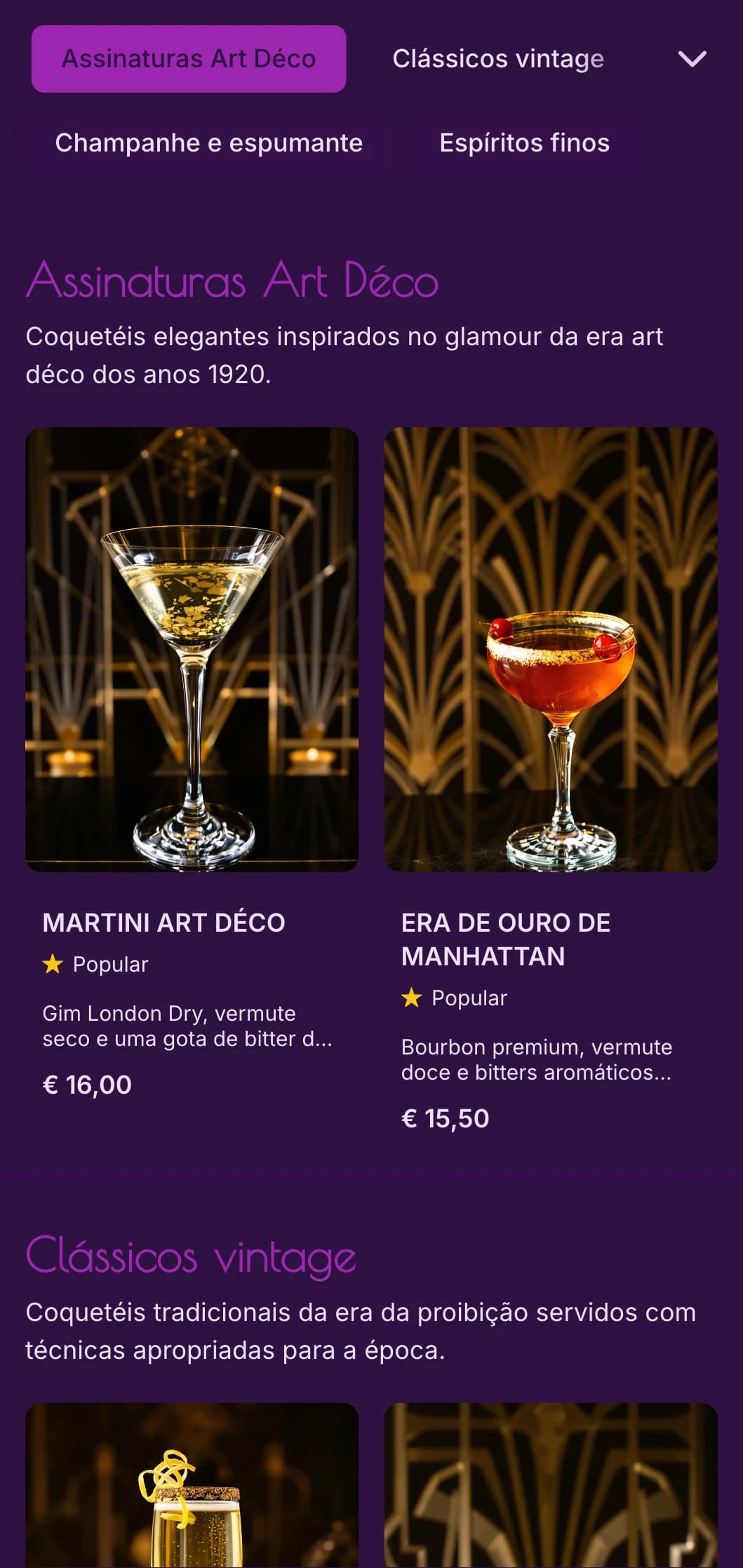 Design elegante em roxo e dourado inspirado na art déco dos anos 1920 para salões de coquetéis de luxo.