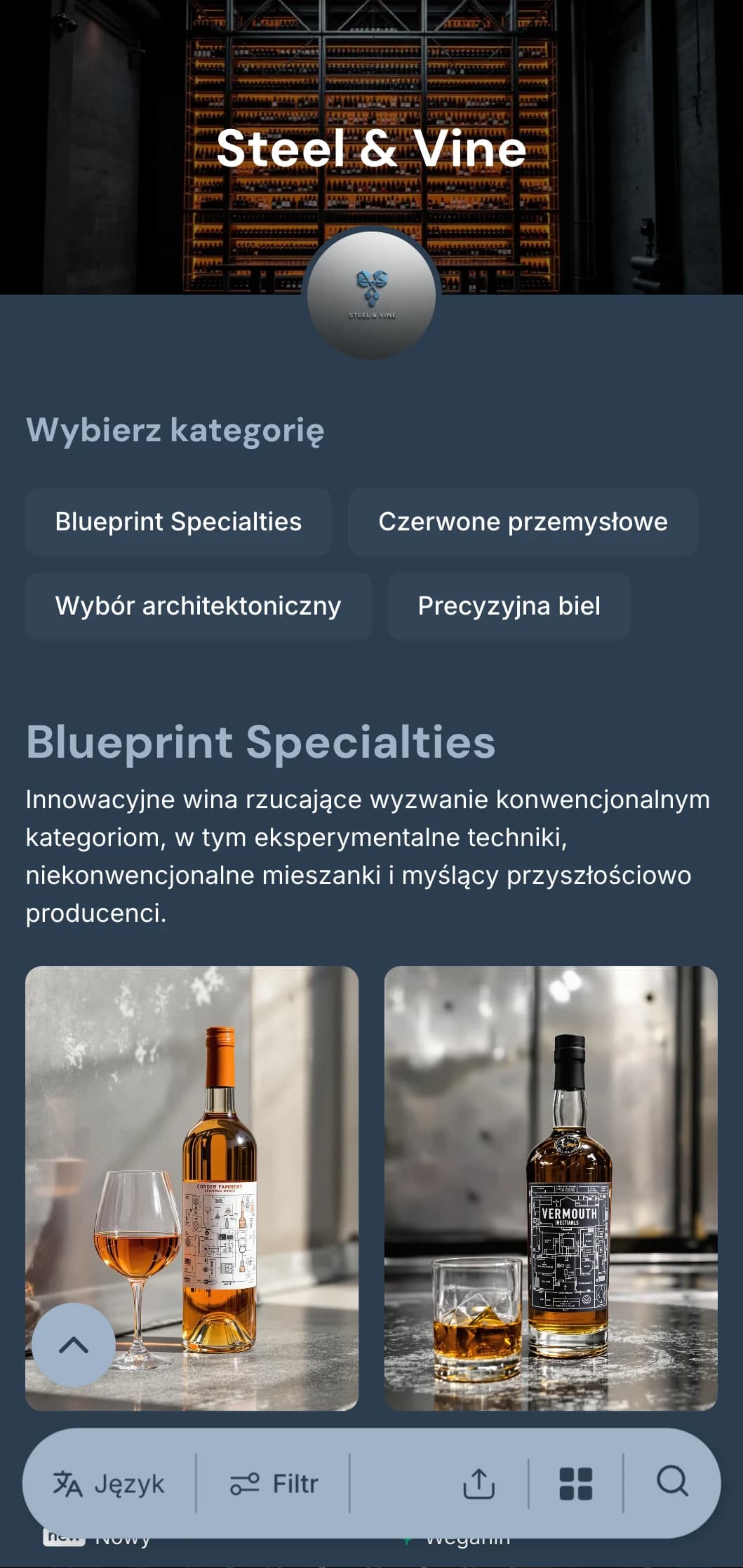 Industrialny, nowoczesny szablon karty win ze stalowo-niebieskimi akcentami i elementami architektonicznymi, idealny do miejskich winiarni i współczesnych lokali gastronomicznych.