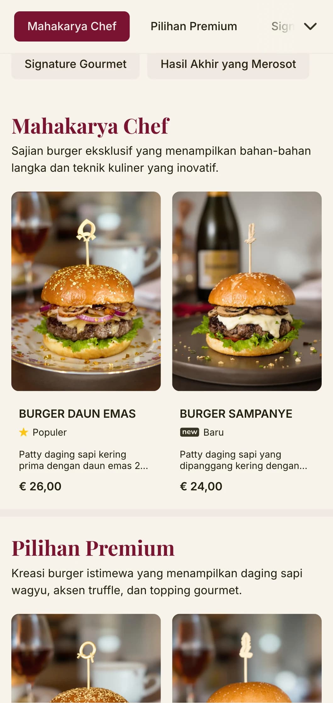 Bersantap burger mewah dengan tipografi premium dan palet warna yang kaya untuk pengalaman burger kelas atas.