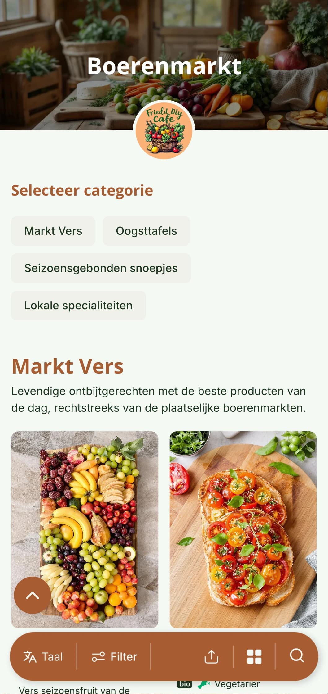 Frisse, seizoensgebonden brunchsjabloon met rustieke elementen, perfect voor farm-to-table cafés met lokale producten.
