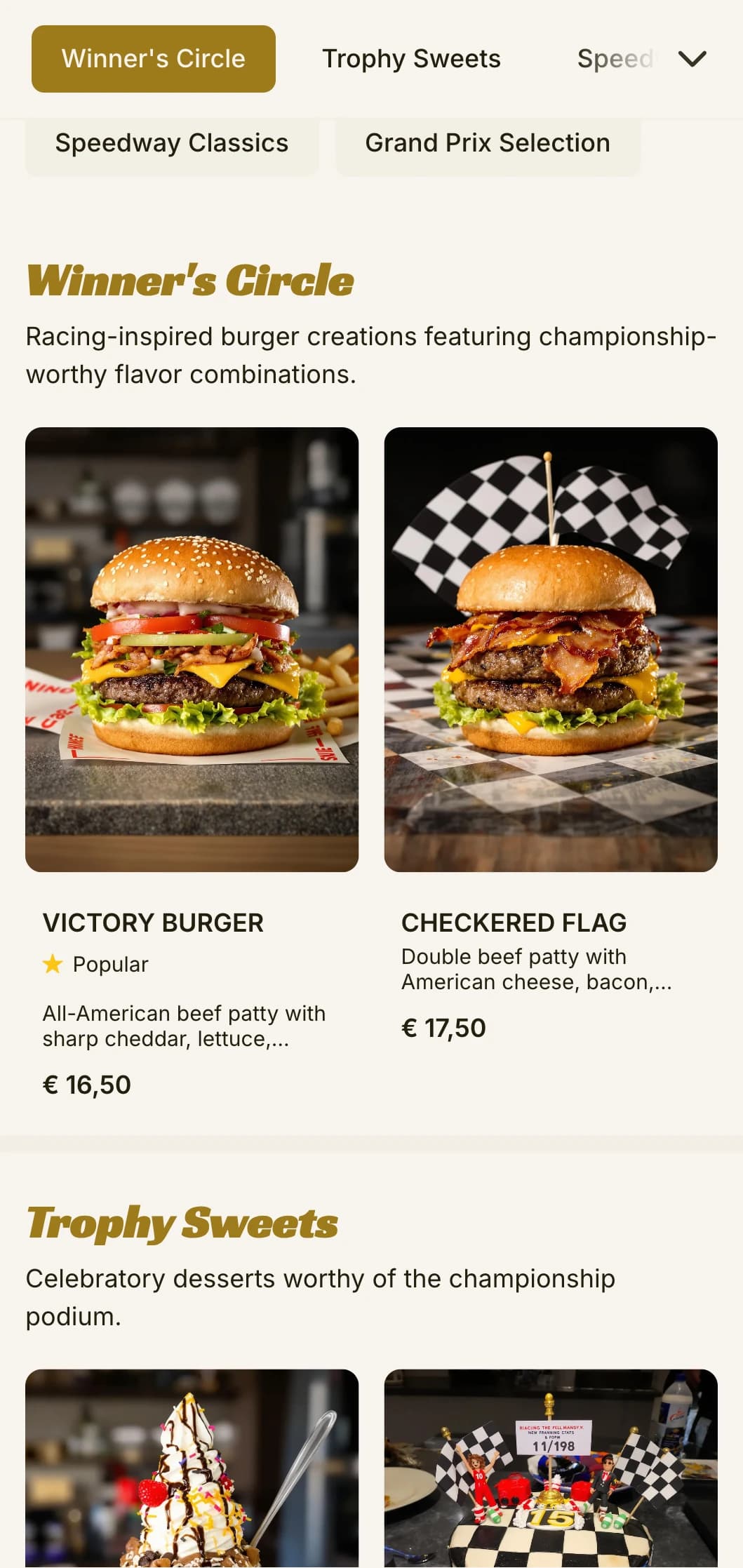 Racing inspired burger joint with motorsport elements and victory lane atmosphere.