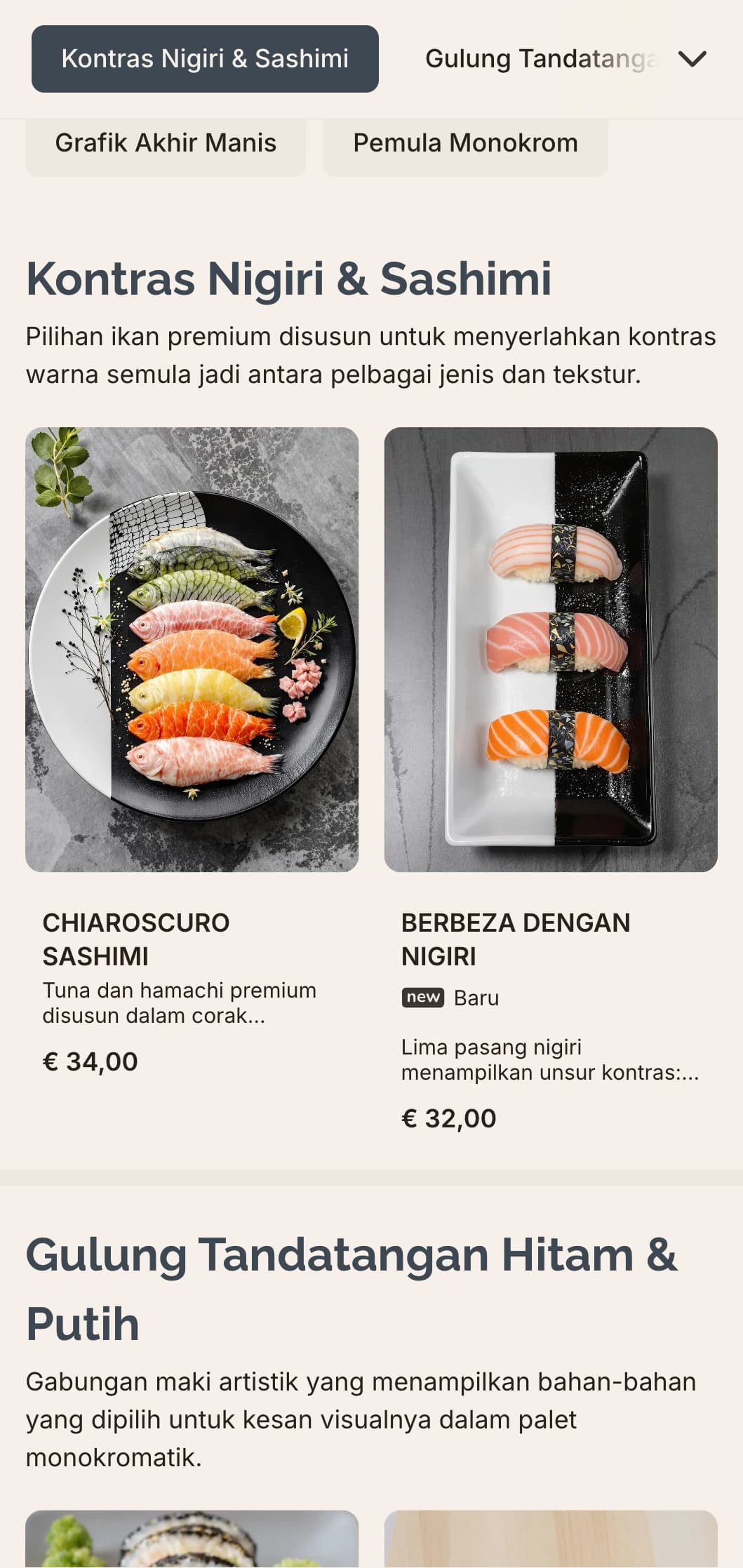 Menu sushi hitam putih yang canggih dengan aksen kelabu halus, sesuai untuk restoran minimalis kontemporari.
