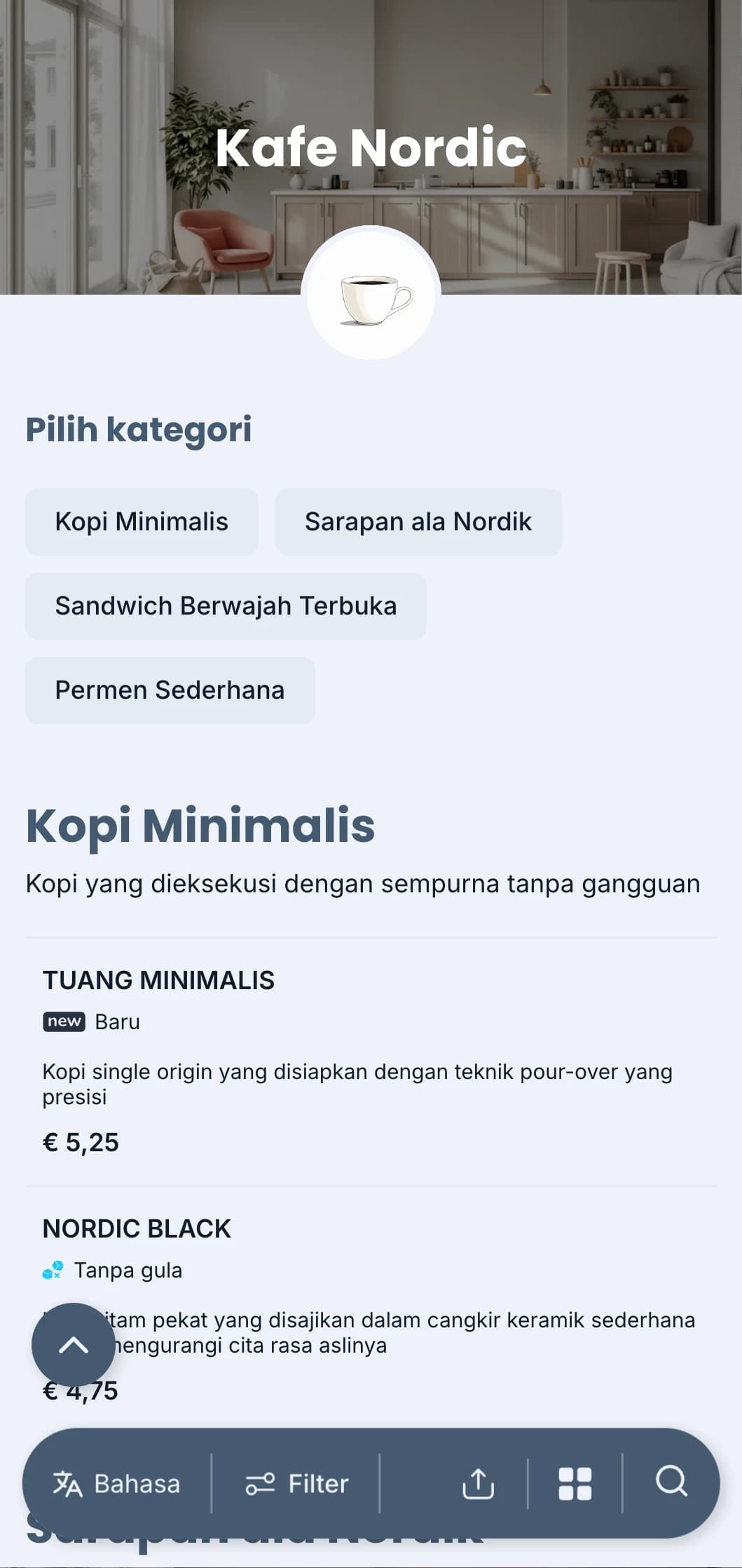 Desain bersih yang terinspirasi dari Skandinavia dengan warna biru yang sejuk untuk kafe minimalis modern.