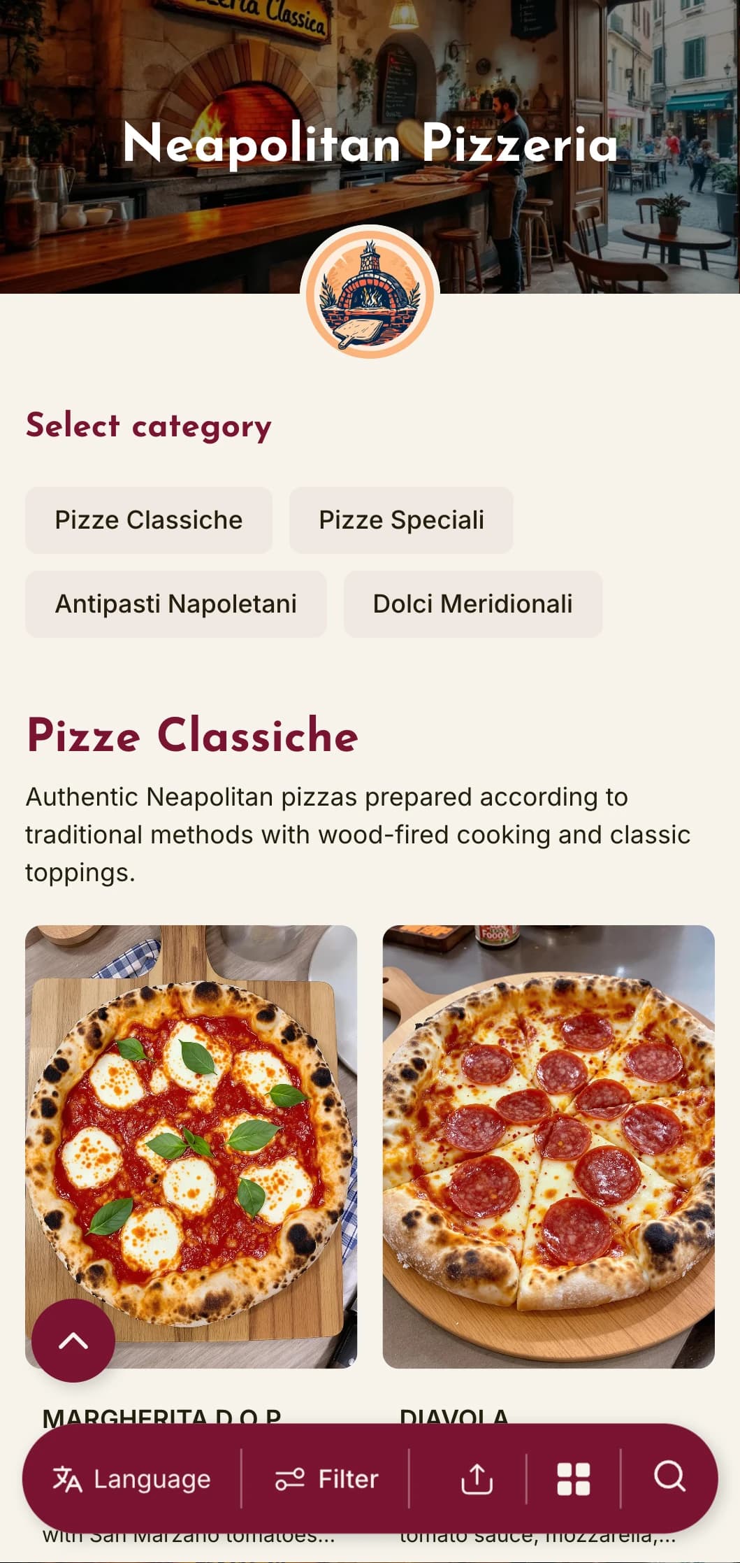 Vibrant design with warm colors and rustic elements celebrating Naples' pizza tradition and Southern Italian flair.