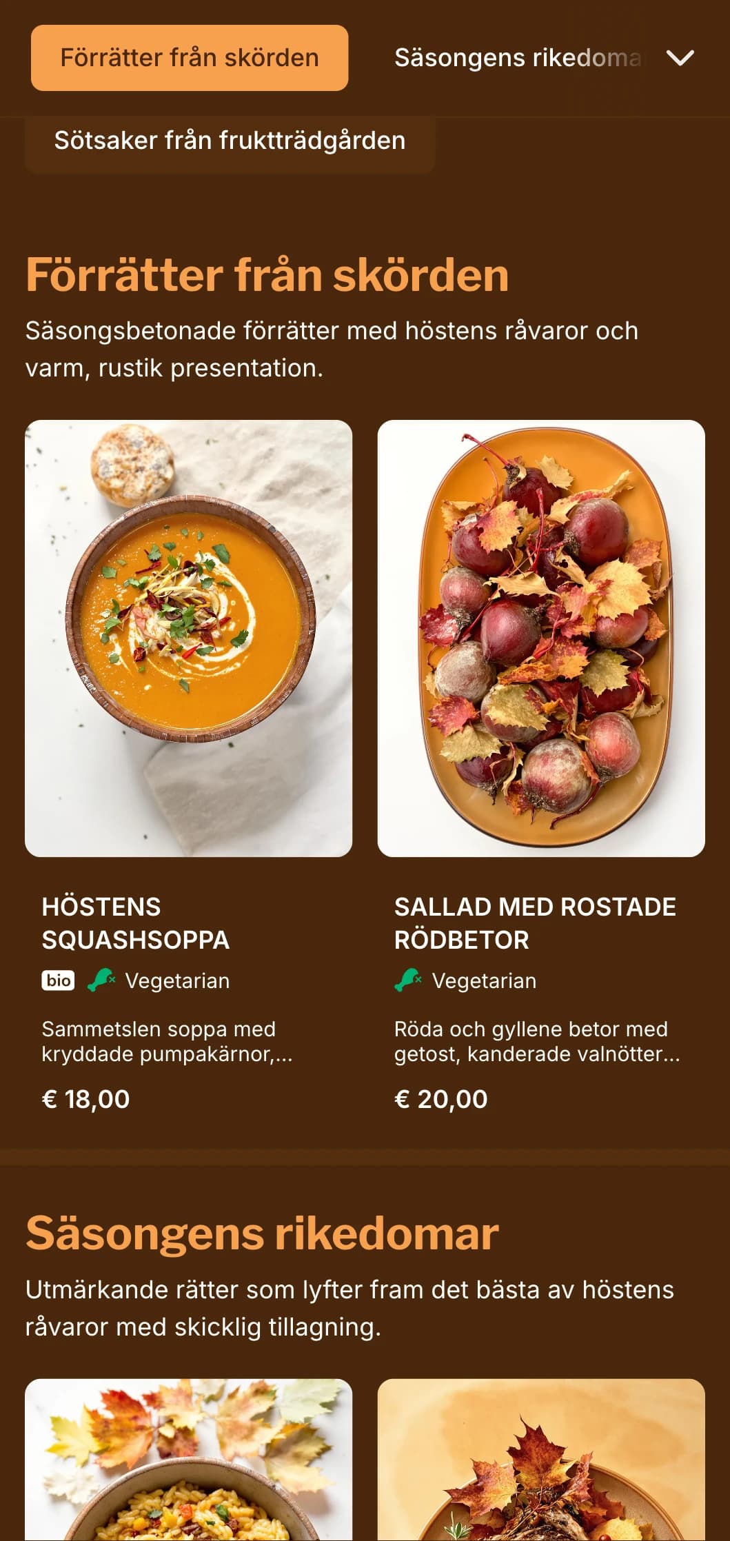 En varm, höstinspirerad middagsmeny med rika bärnstensfärgade toner, perfekt för säsongsbetonade rätter och restauranger med fokus på skörden.