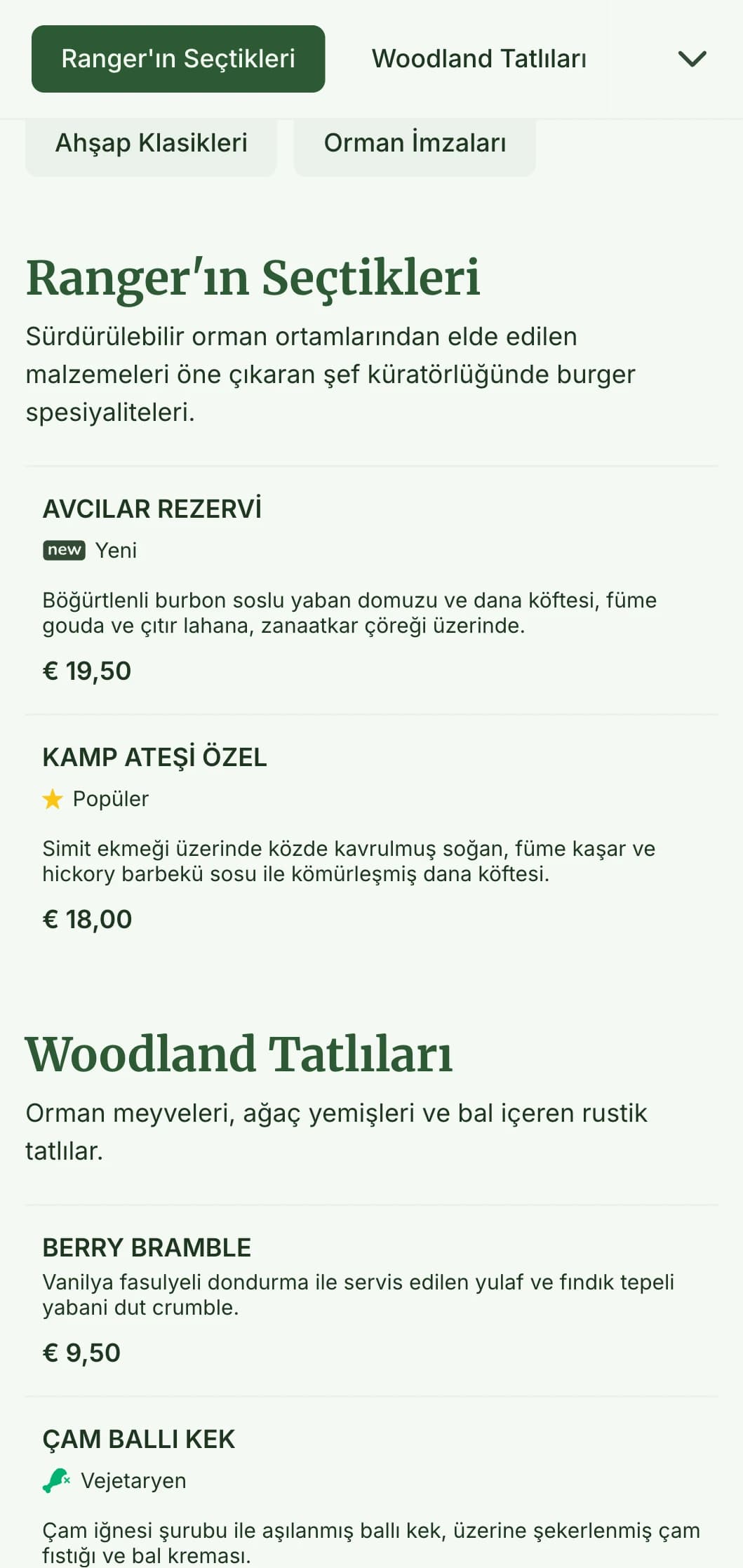 Ahşap dokular ve toprak rengi paleti ile orman esintili burger deneyimi.