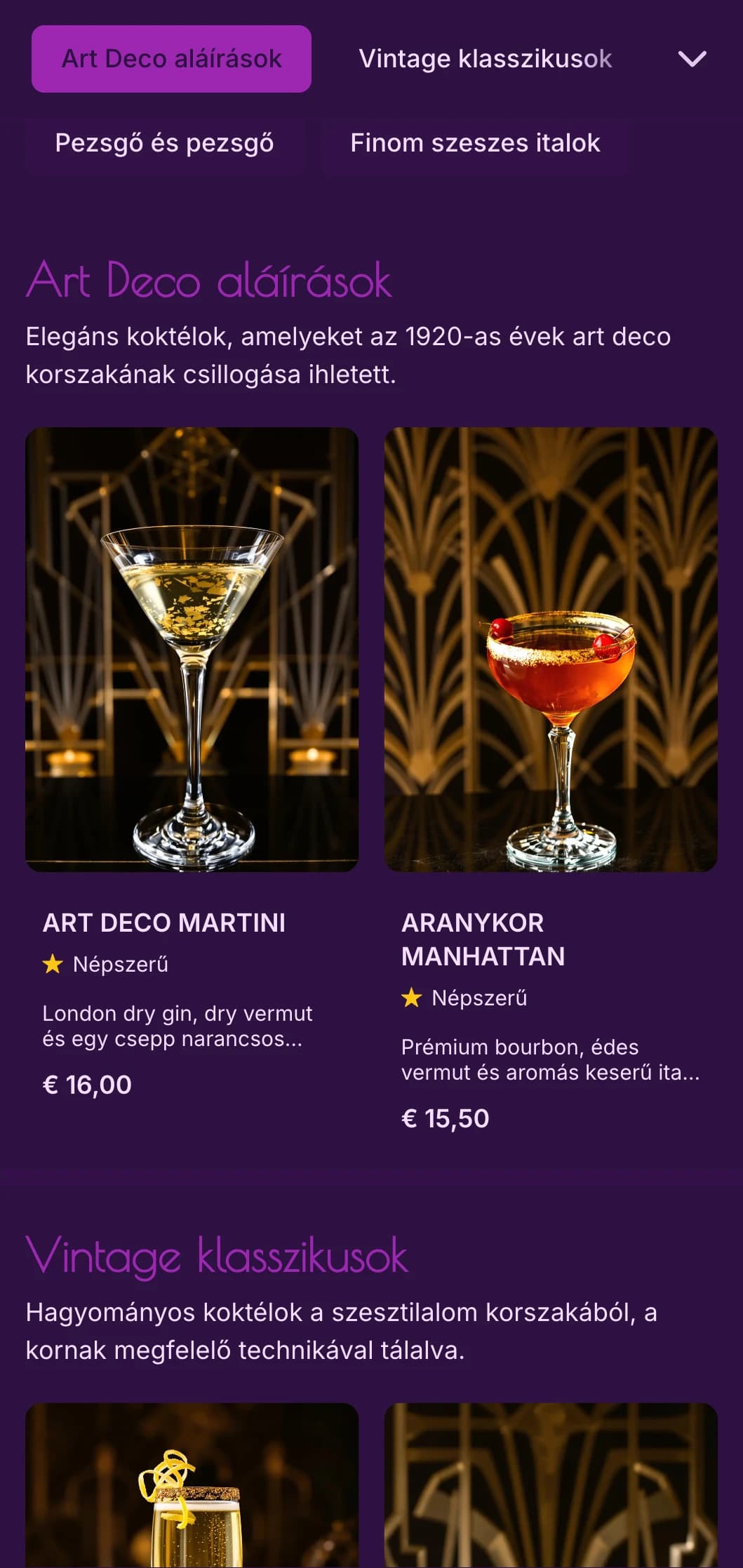 Elegáns lila és arany színű, az 1920-as évek art deco ihlette design az előkelő koktélbárok számára.