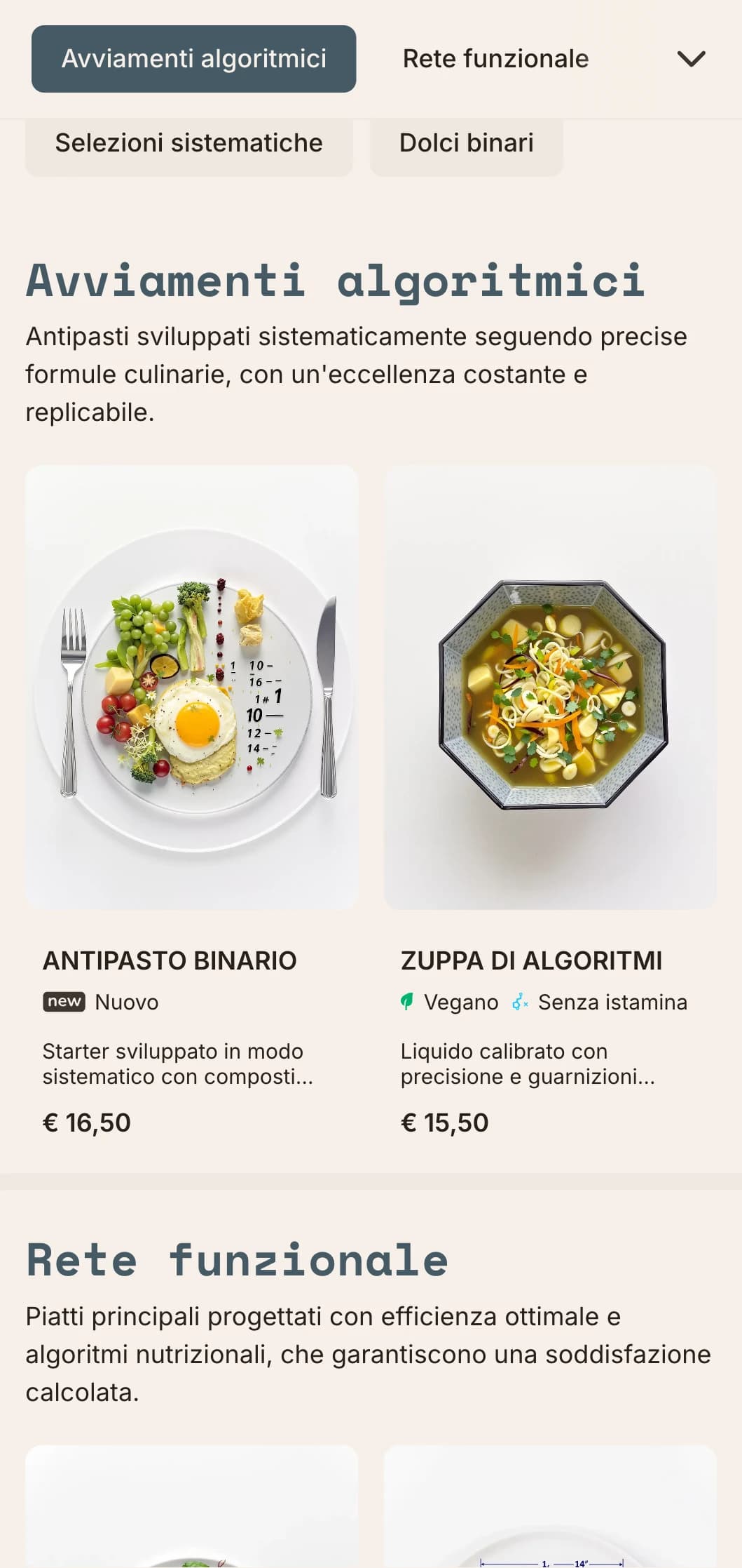 Design del menu del pranzo tecnico e funzionale, con elementi matematici e layout sistematico, perfetto per ristoranti e concept restaurant orientati alla precisione.