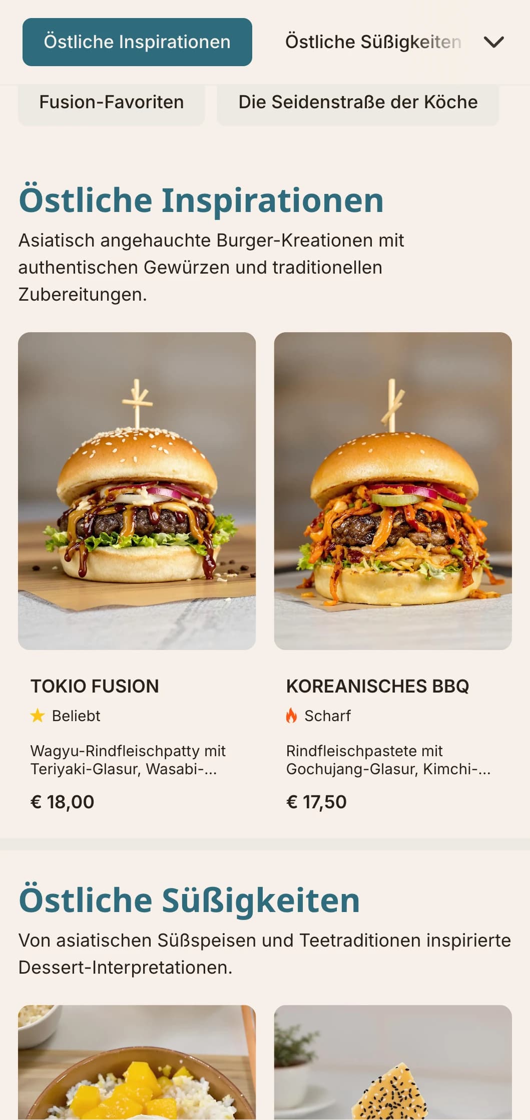 Ost-West-Burgerfusion mit asiatisch inspirierten Aromen und moderner Präsentation.