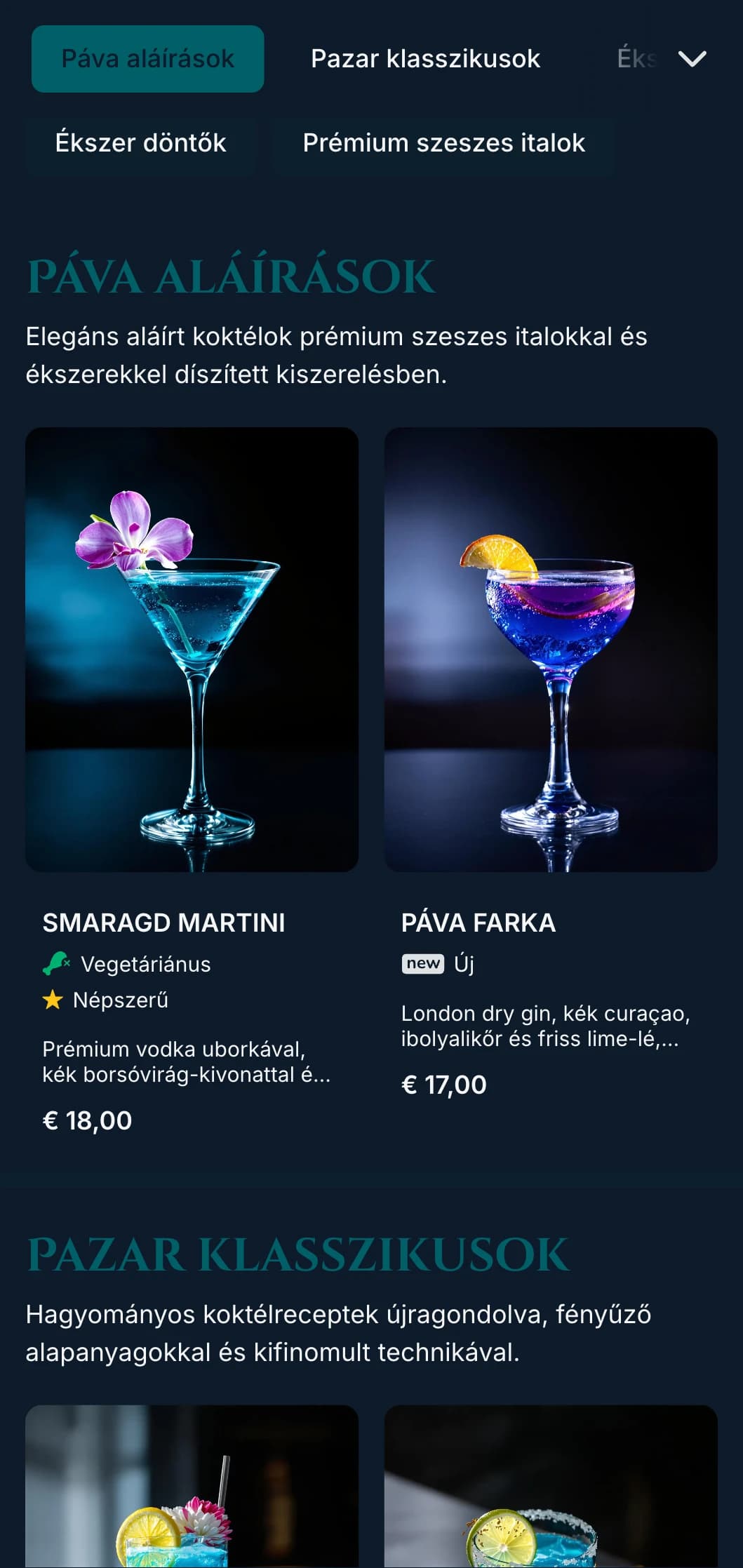 Fényűző, ékszertónusú design előkelő koktélbárok számára, pávakék és smaragdzöld akcentusokkal, elegáns tipográfiával.