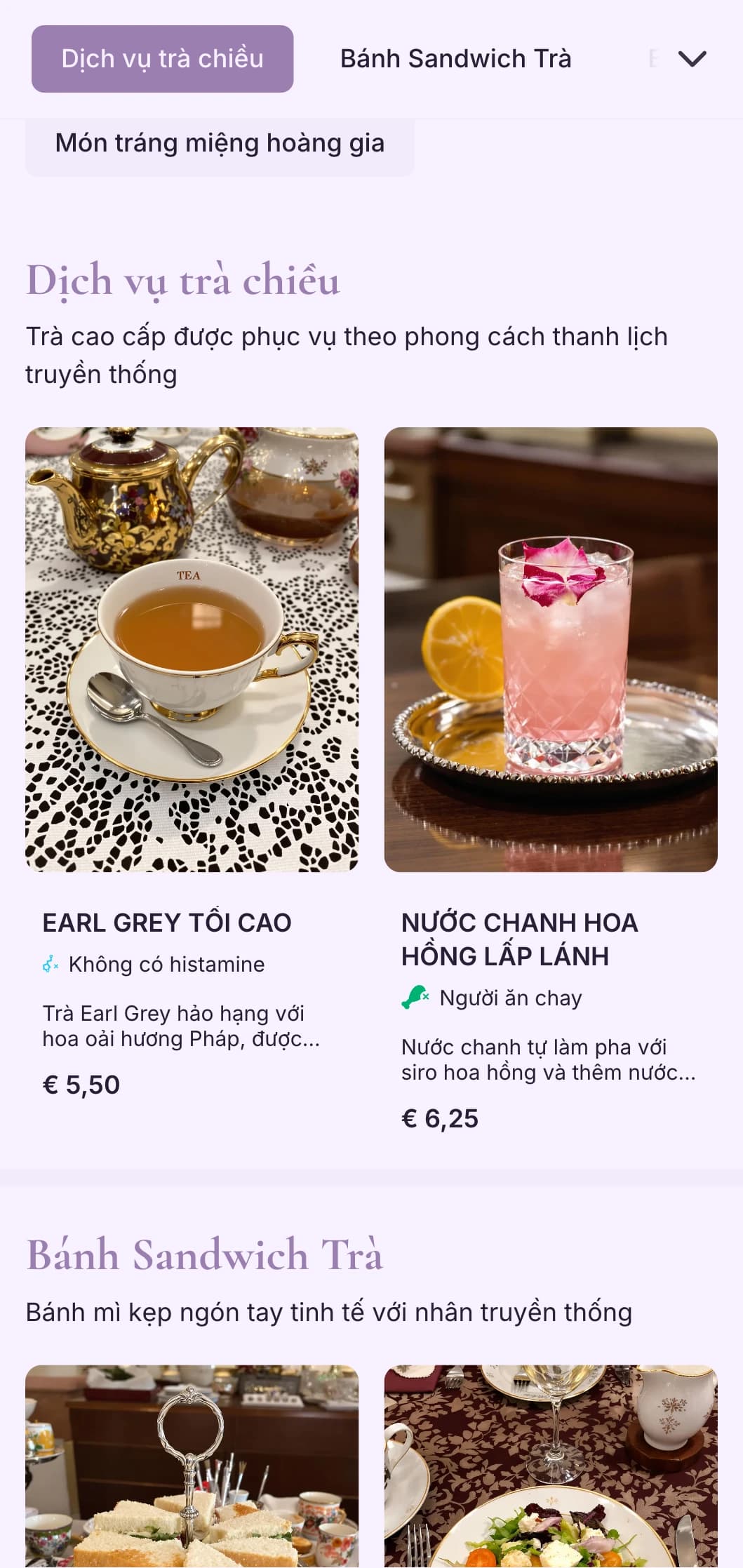 Thiết kế màu tím tinh tế dành cho dịch vụ trà cao cấp và quán cà phê bánh ngọt thanh lịch.