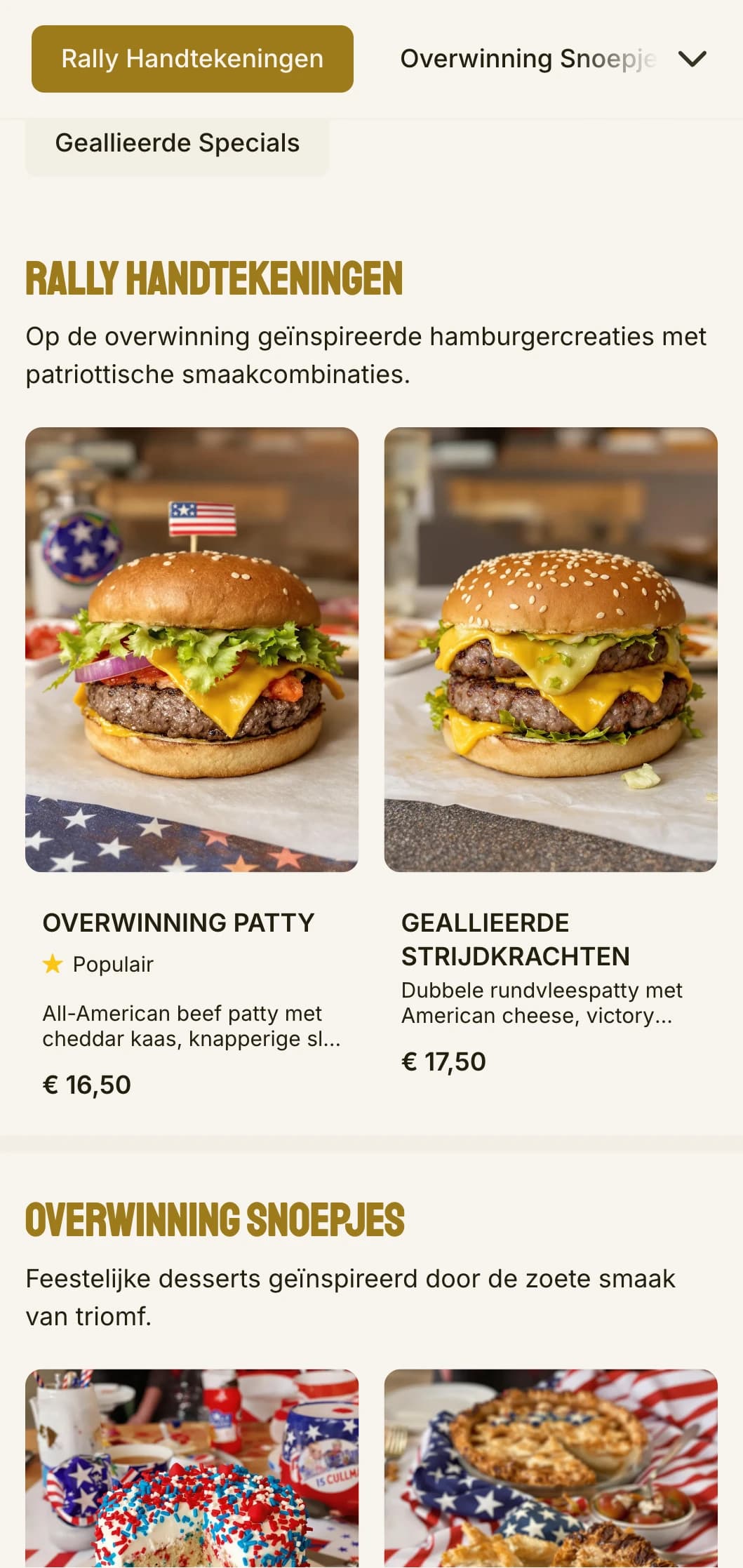 Op de Tweede Wereldoorlog geïnspireerde hamburger kantine met overwinnings tuin en patriottische elementen.
