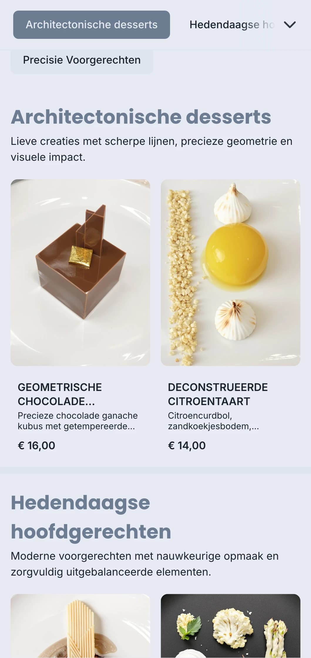 Strak, gestructureerd cateringontwerp met geometrische plating, precieze porties en monochrome kleurenschema's voor eigentijdse evenementen.