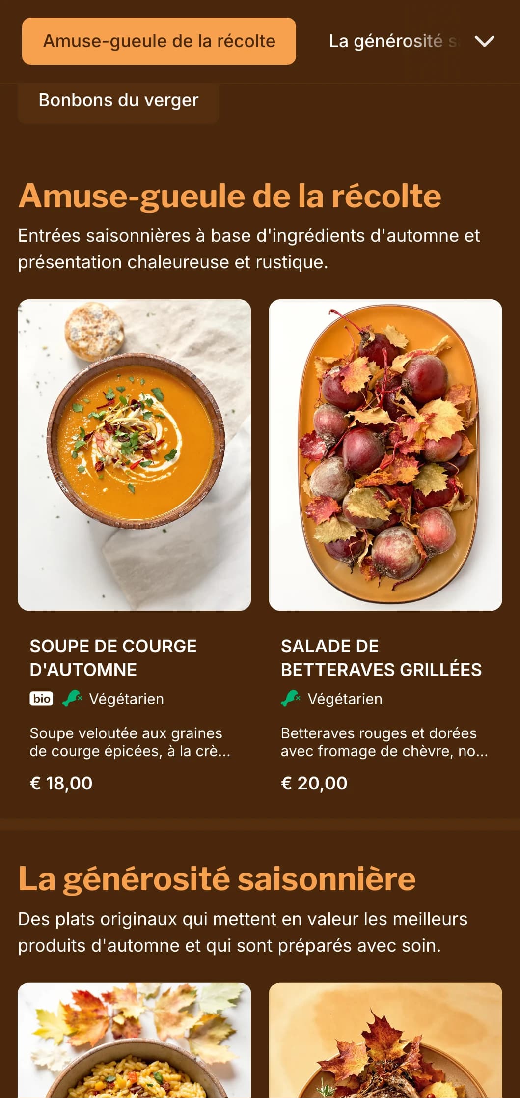 Un menu chaleureux, inspiré de l'automne, avec de riches tons ambrés, idéal pour la cuisine saisonnière et les restaurants axés sur les récoltes.