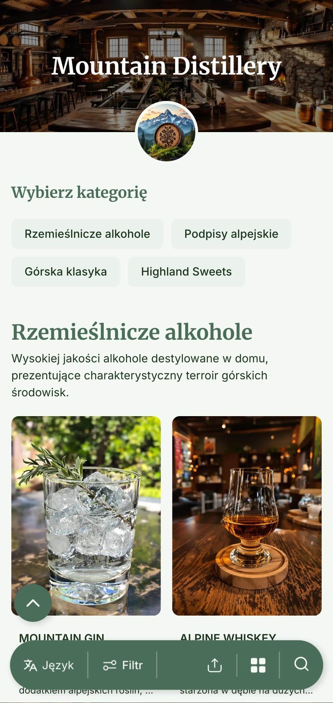 Rustykalny, inspirowany alpejskim stylem design dla górskich destylarni i barów spirytusowych, charakteryzujący się ziemistymi odcieniami i naturalnymi elementami.