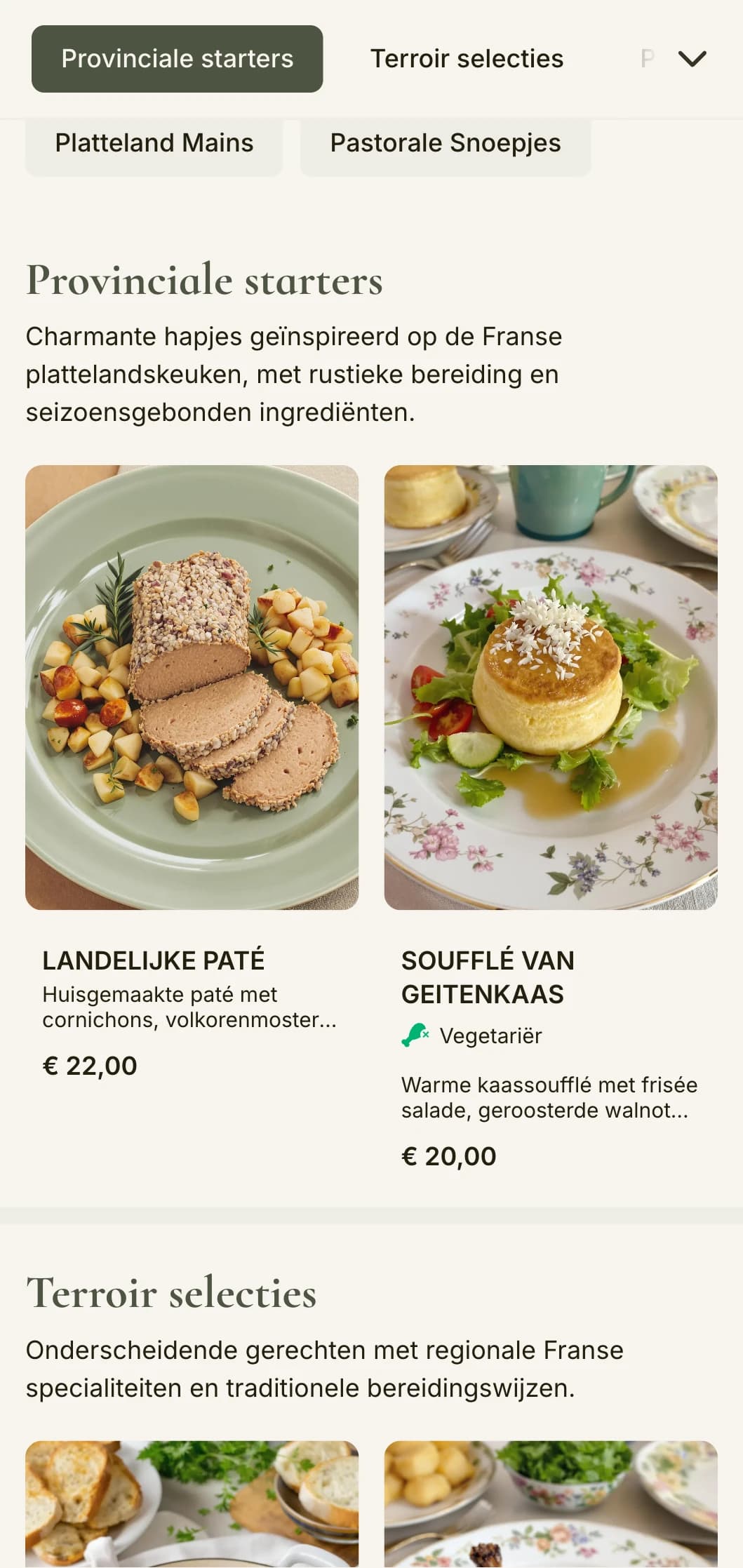 Een charmant dinermenu geïnspireerd op de esthetiek van het Franse platteland, met saliegroene tinten en rustieke elegantie.