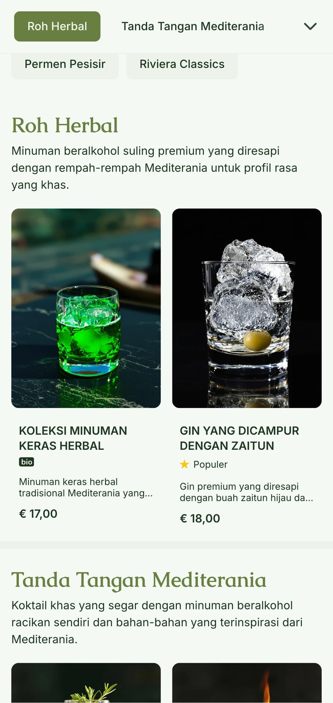 Desain yang terinspirasi dari Mediterania untuk bar yang mengkhususkan diri pada minuman beralkohol herbal dan koktail botani dengan warna hijau zaitun.