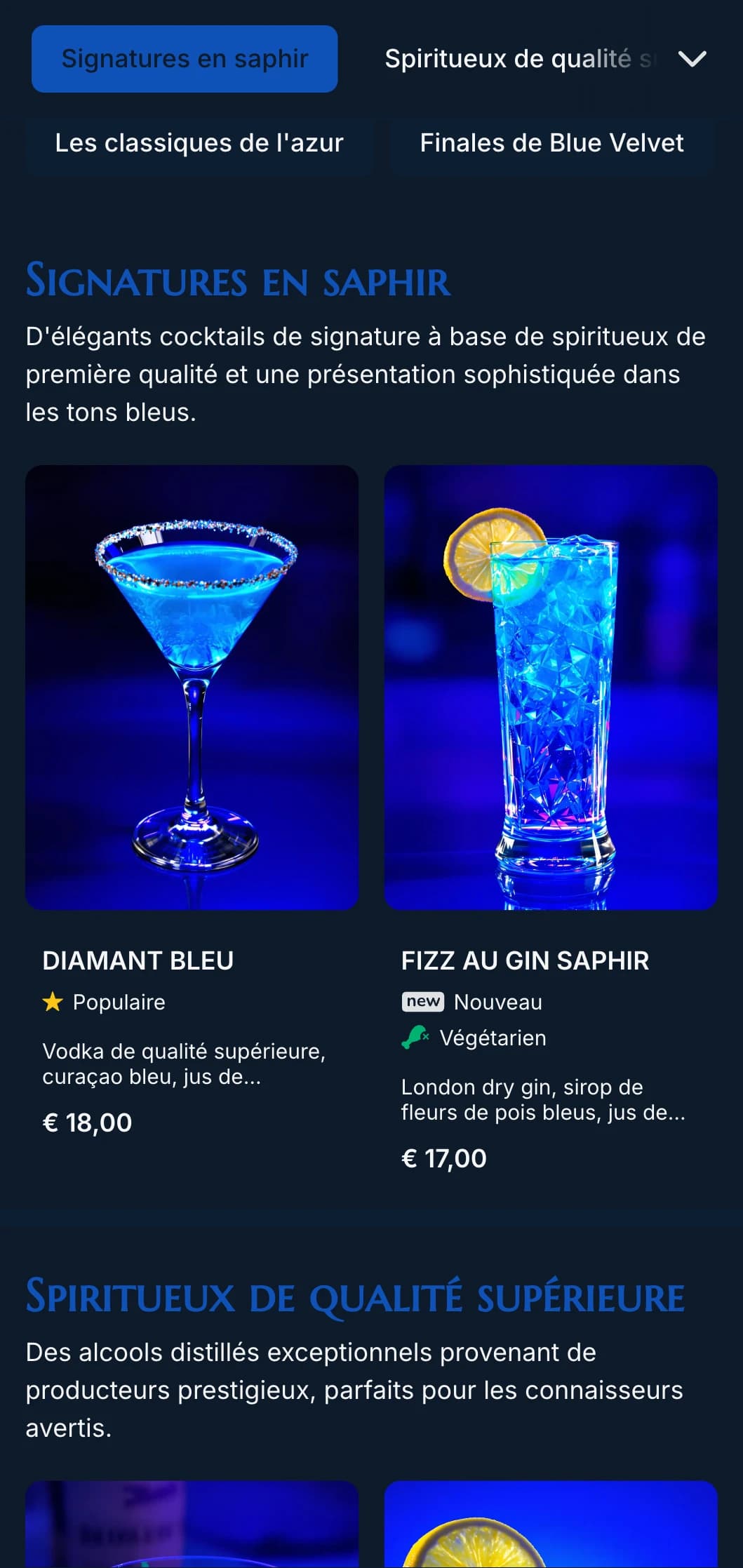 Un design luxueux, inspiré des pierres précieuses, pour les salons de cocktails haut de gamme, avec des tons bleus profonds et une typographie élégante.