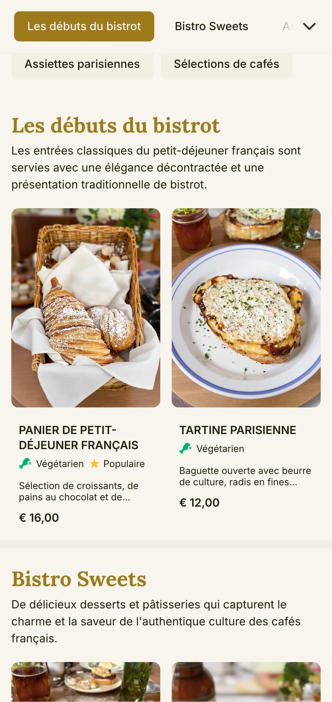 Modèle de brunch inspiré des bistrots français avec des éléments classiques, adapté aux cafés de style européen et aux restaurants gastronomiques décontractés.