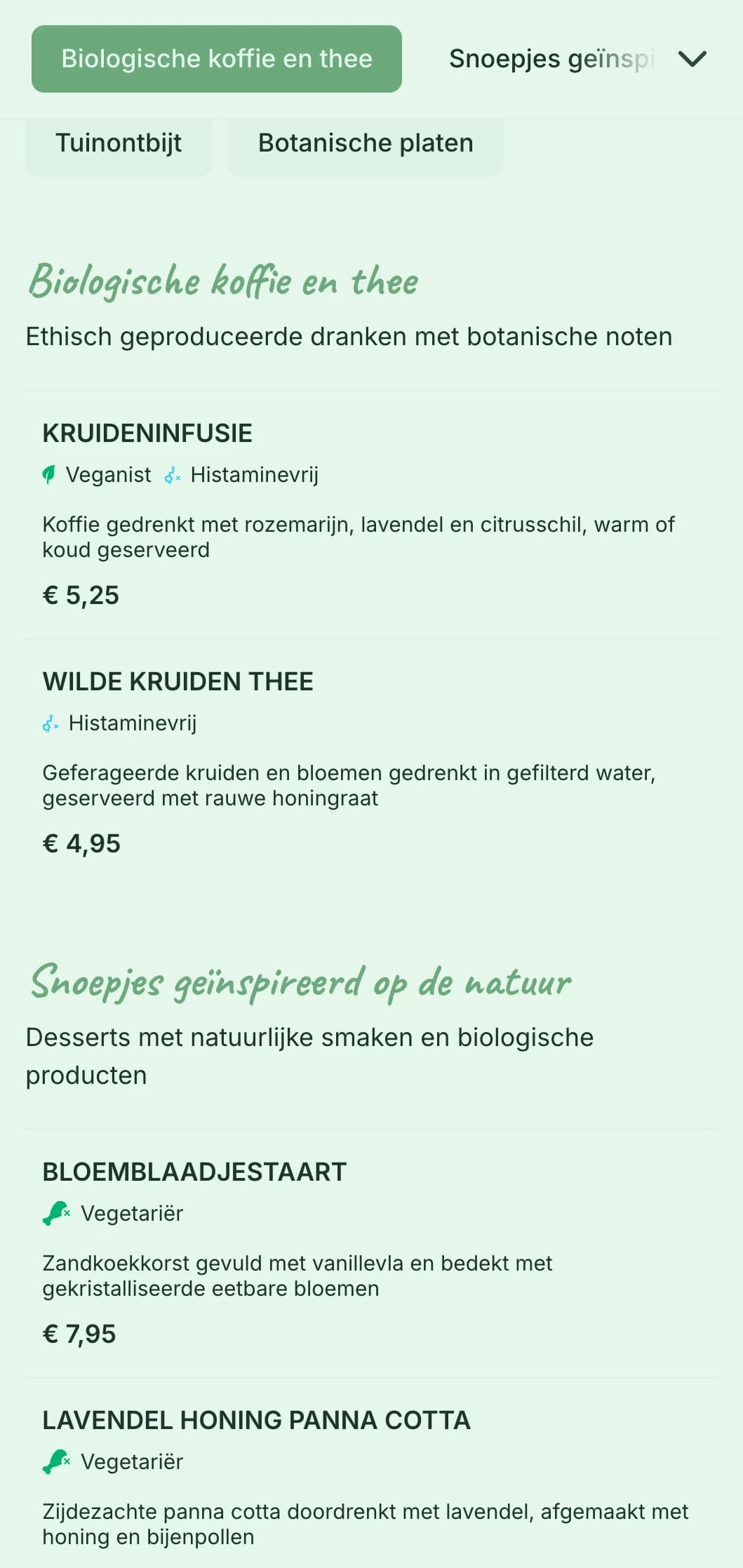 Fris groen thema-ontwerp met botanische elementen voor tuincafés en biologische brunchplekken.