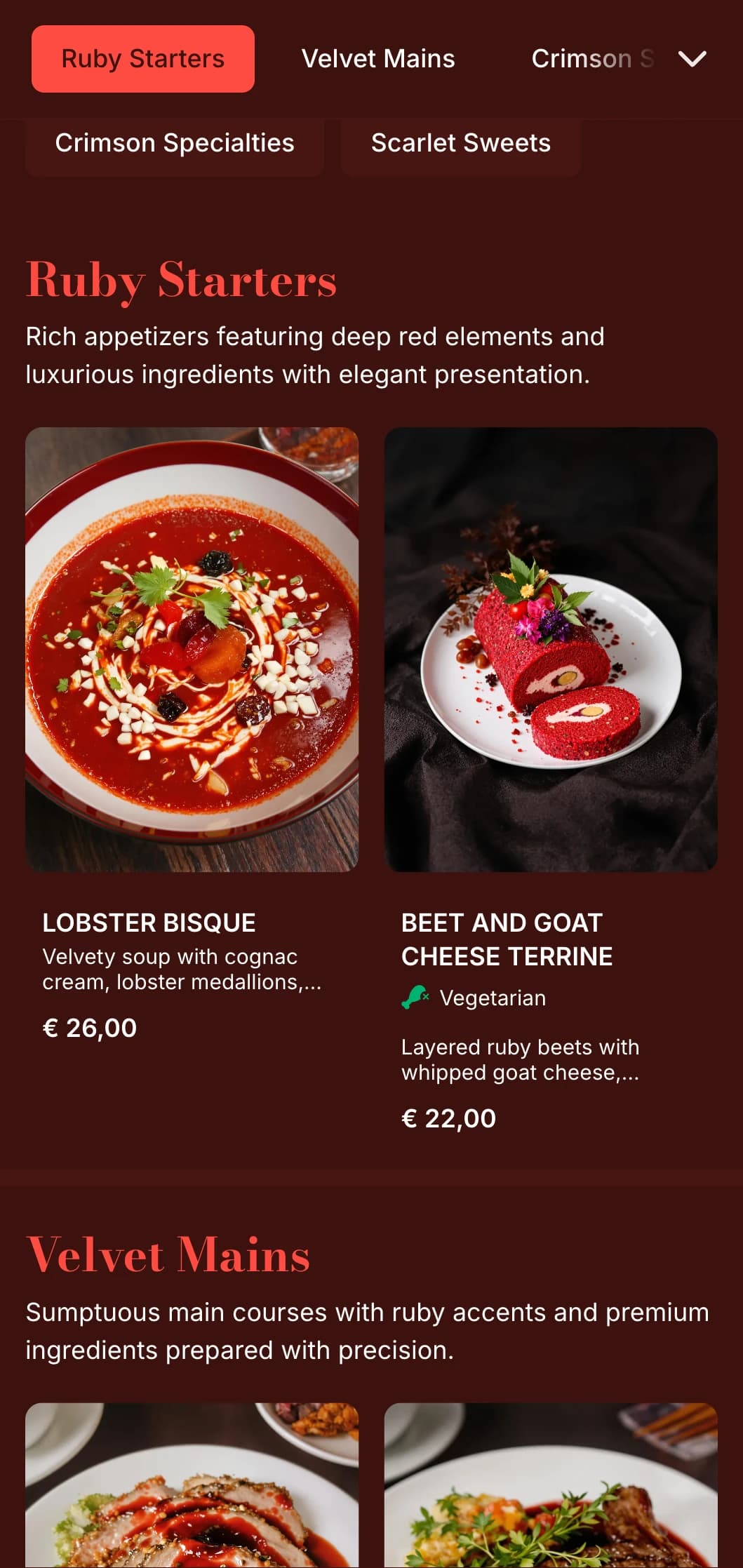 A rich, ruby-red dinner menu with plush textures and dramatic elements, designed for romantic dining venues.