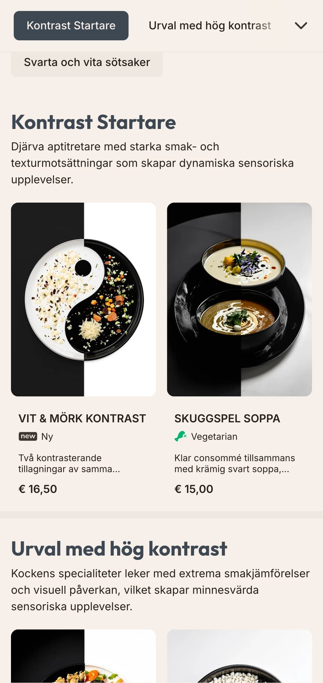 Stark, svartvit lunchmenydesign med hög kontrast och djärv typografi, perfekt för minimalistiska restauranger och moderna konstutrymmen.
