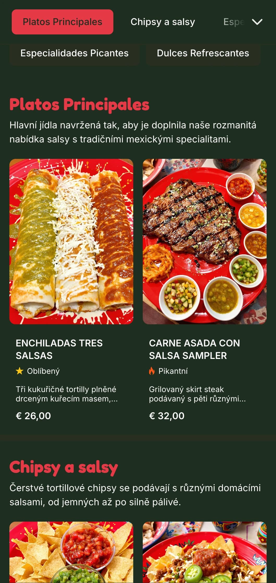 Živý a přizpůsobitelný jídelní lístek zaměřený na rozmanité mexické salsy s jasně červenými akcenty, kořením a doplňkovými pokrmy.