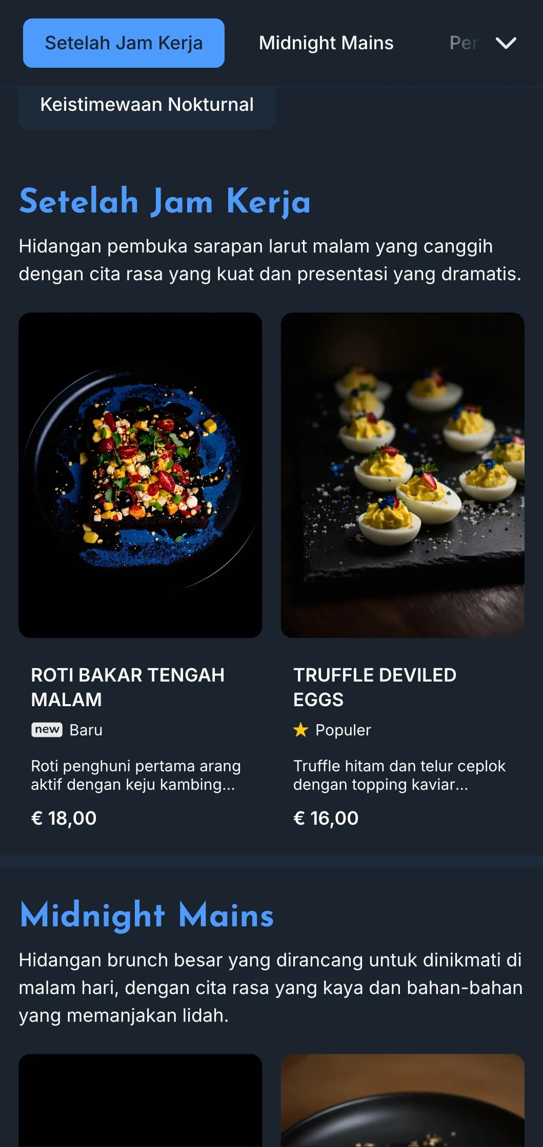 Templat biru tua dengan aksen cerah, cocok untuk sajian makan siang larut malam dan kafe setelah jam kerja.