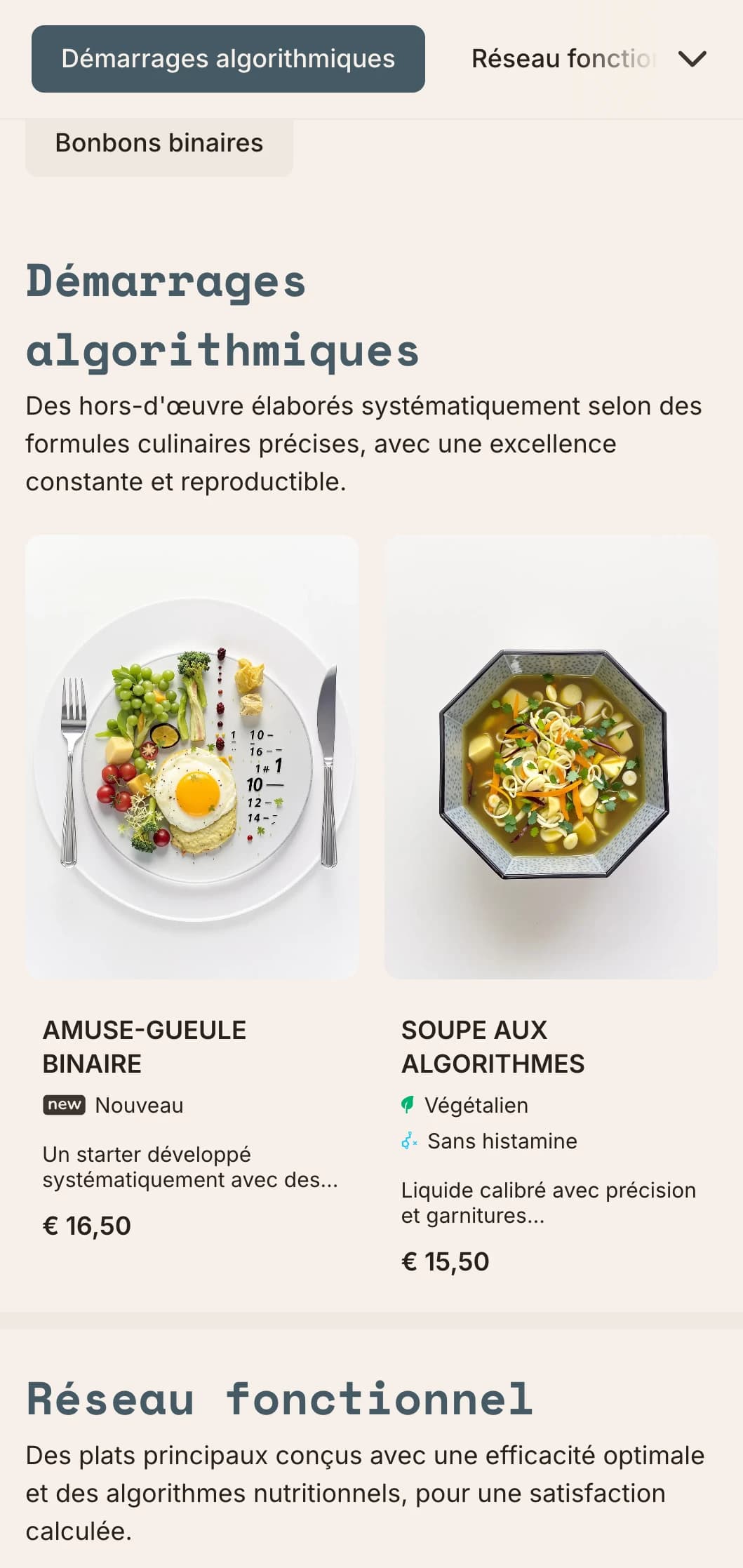 Conception de menus techniques et fonctionnels pour le déjeuner, avec des éléments mathématiques et une mise en page systématique, parfaits pour les restaurants axés sur la précision et les restaurants conceptuels.