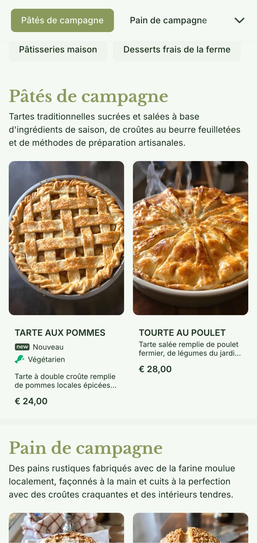 Un menu de boulangerie campagnard et chaleureux, avec des tons verts et une typographie traditionnelle, parfait pour les boulangeries de la ferme à la table et les magasins de style familial.