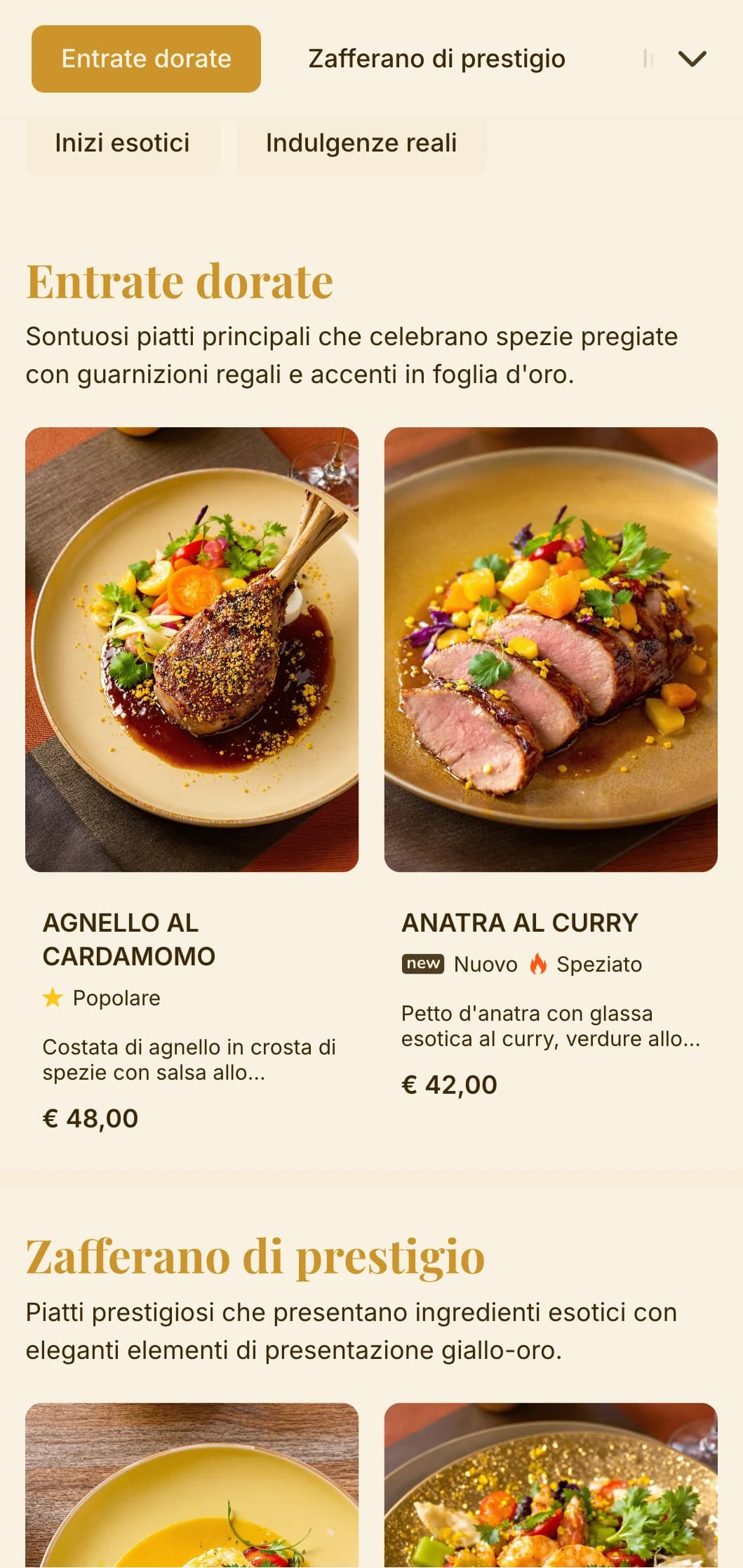 Concetto opulento ispirato alle spezie esotiche e alle tradizioni culinarie reali con ricchi toni oro e zafferano.